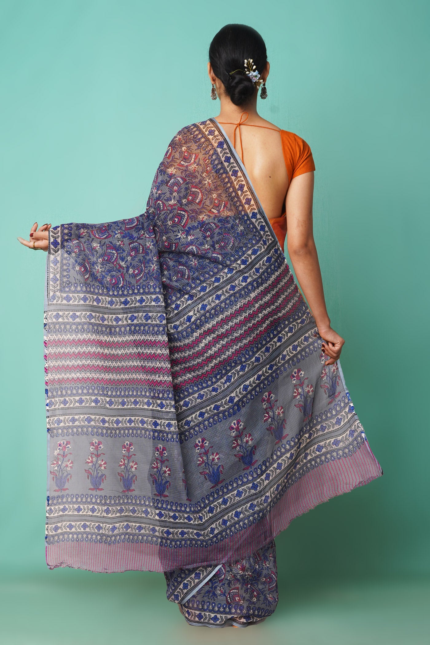 Grey Pure Hand Block Printed Kota Saree-UNM81536