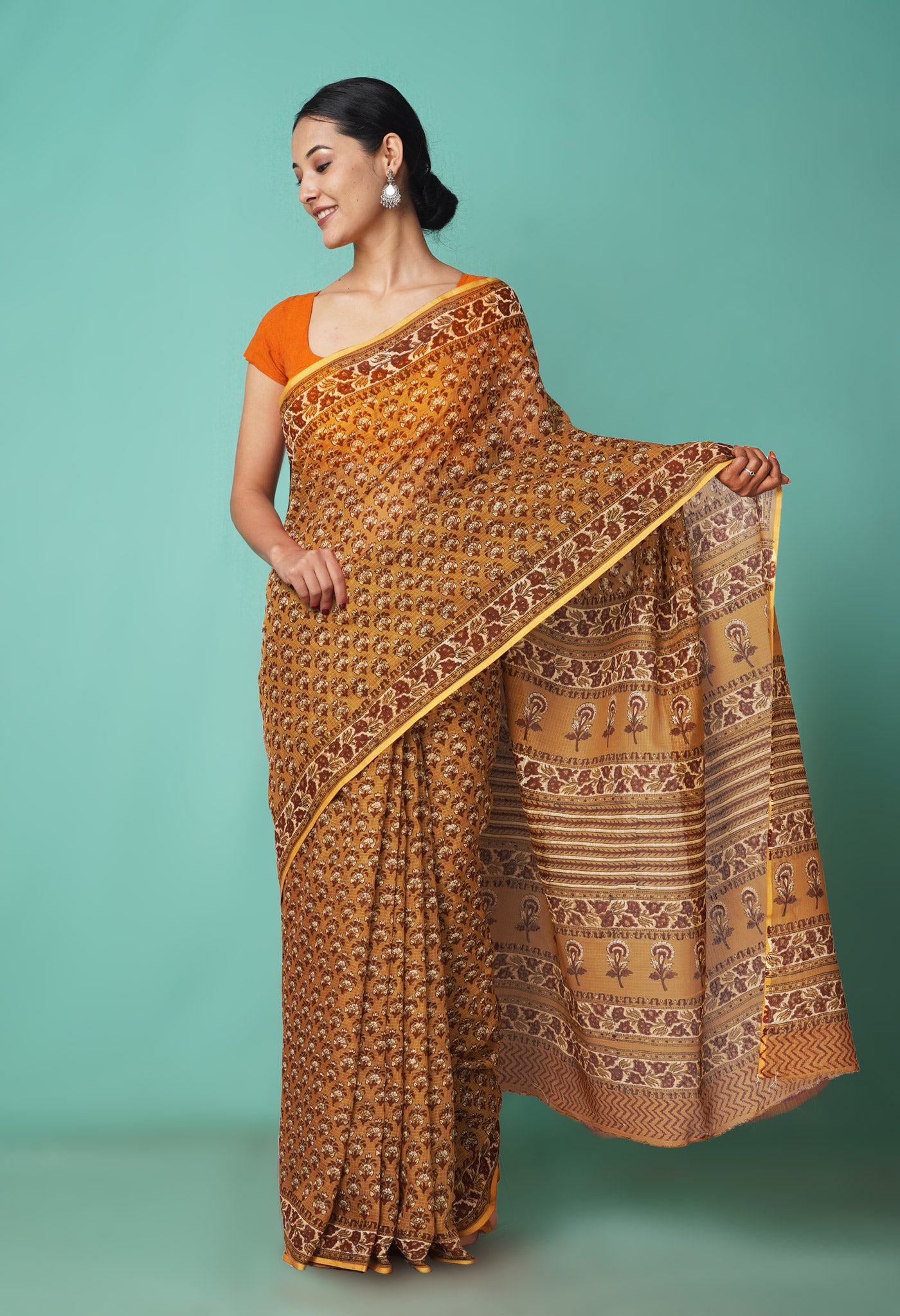 Brown Pure Hand Block Printed Kota Saree-UNM81537