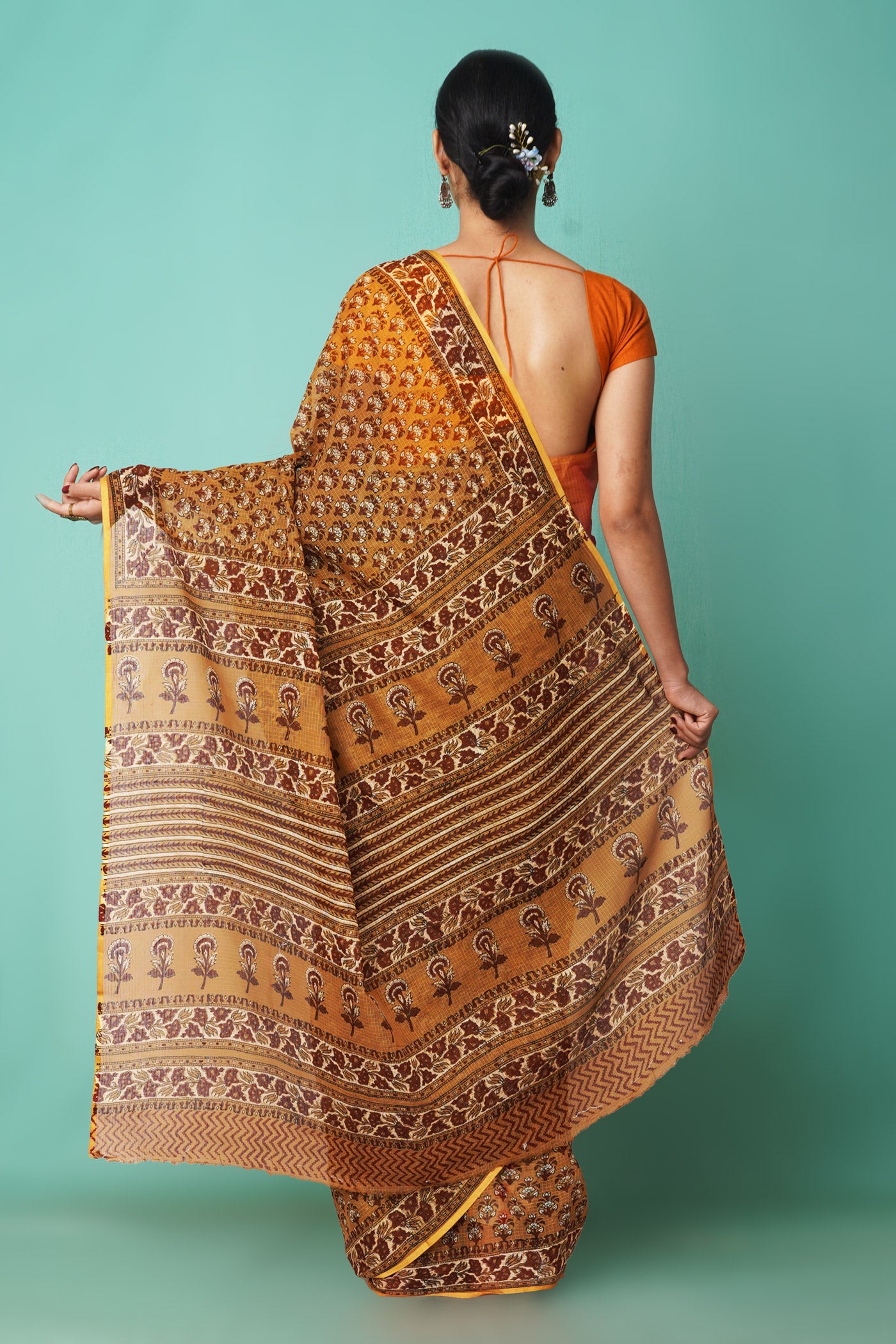 Brown Pure Hand Block Printed Kota Saree-UNM81537