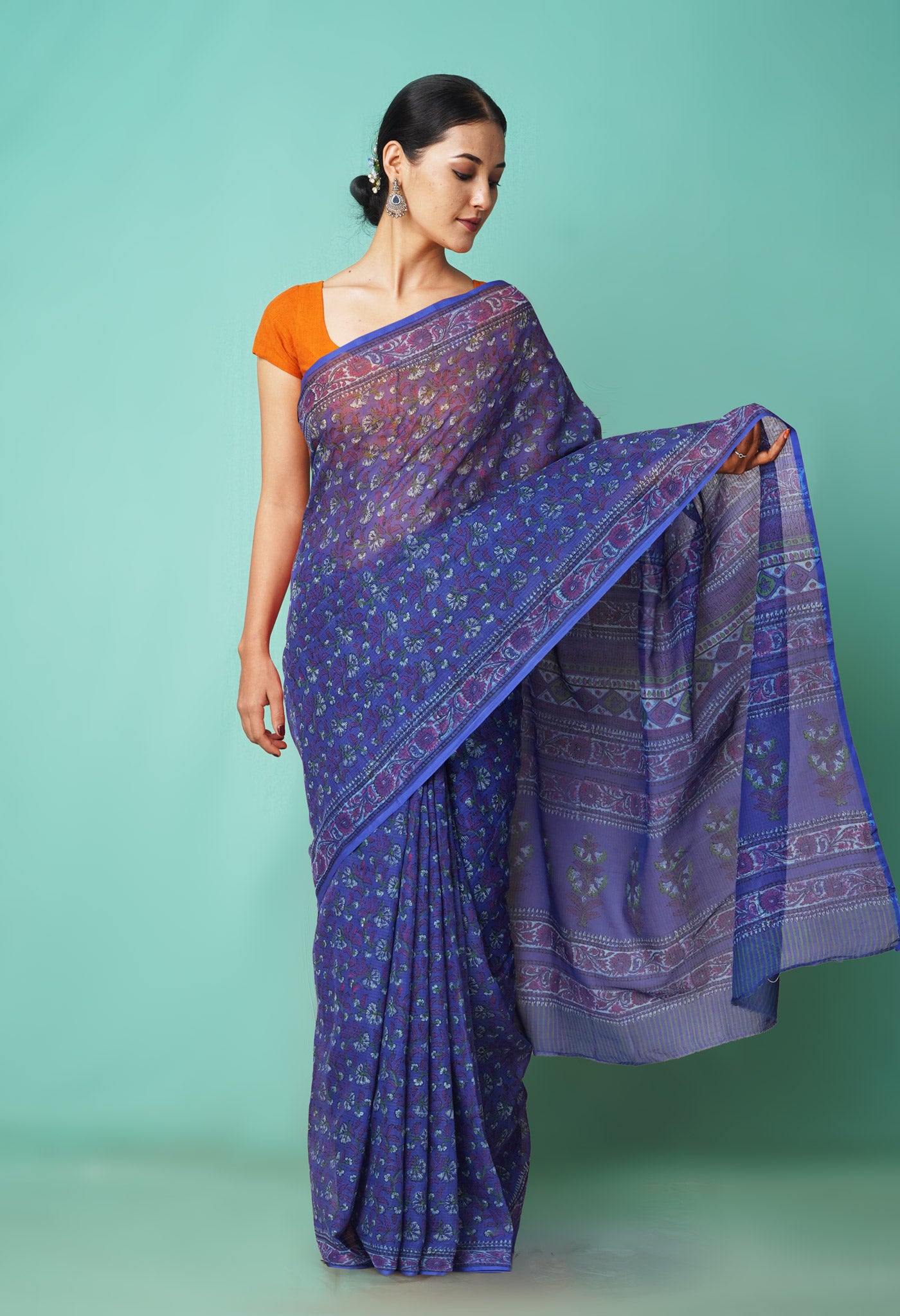 Blue Pure Hand Block Printed Kota Saree-UNM81538