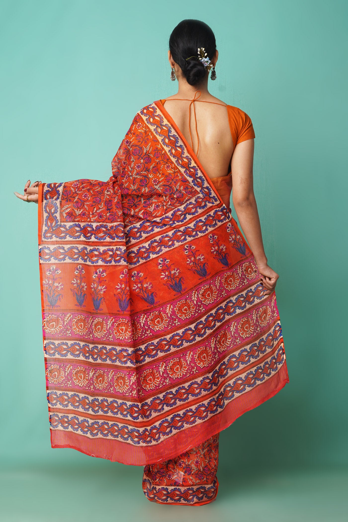 Orange Pure Hand Block Printed Kota Saree-UNM81539