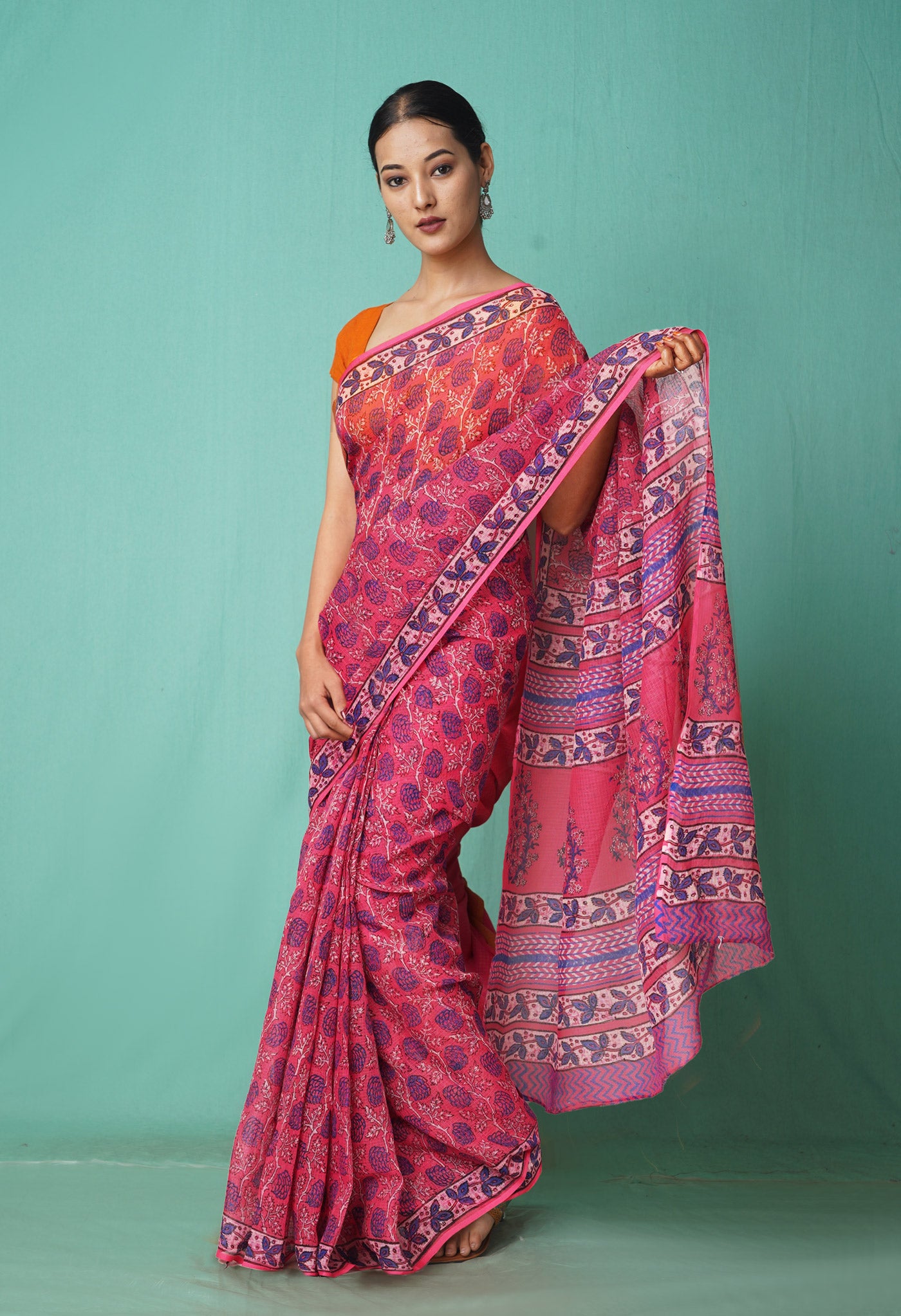 Pink Pure Hand Block Printed Kota Saree-UNM81540