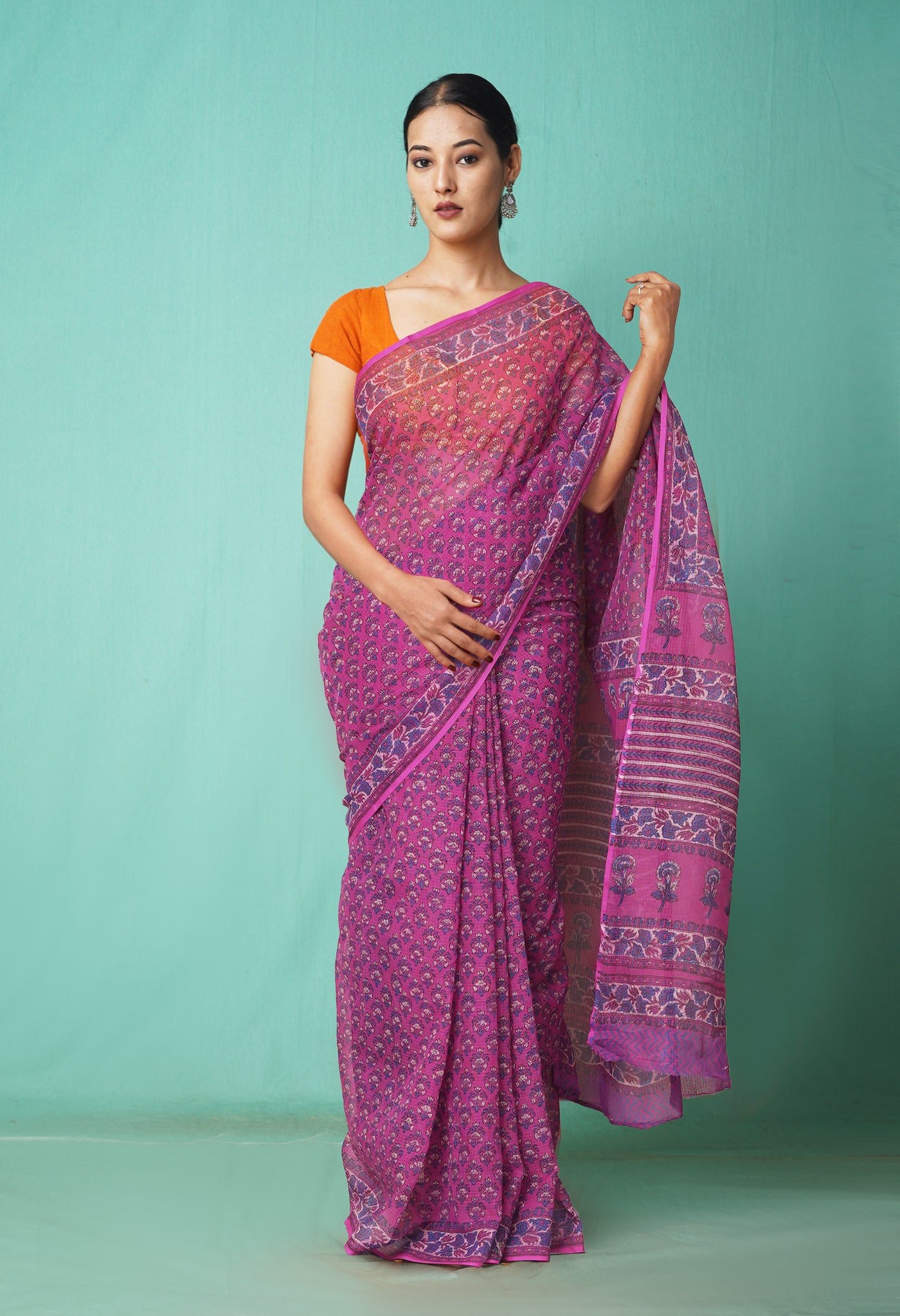 Pink Pure Hand Block Printed Kota Saree-UNM81541