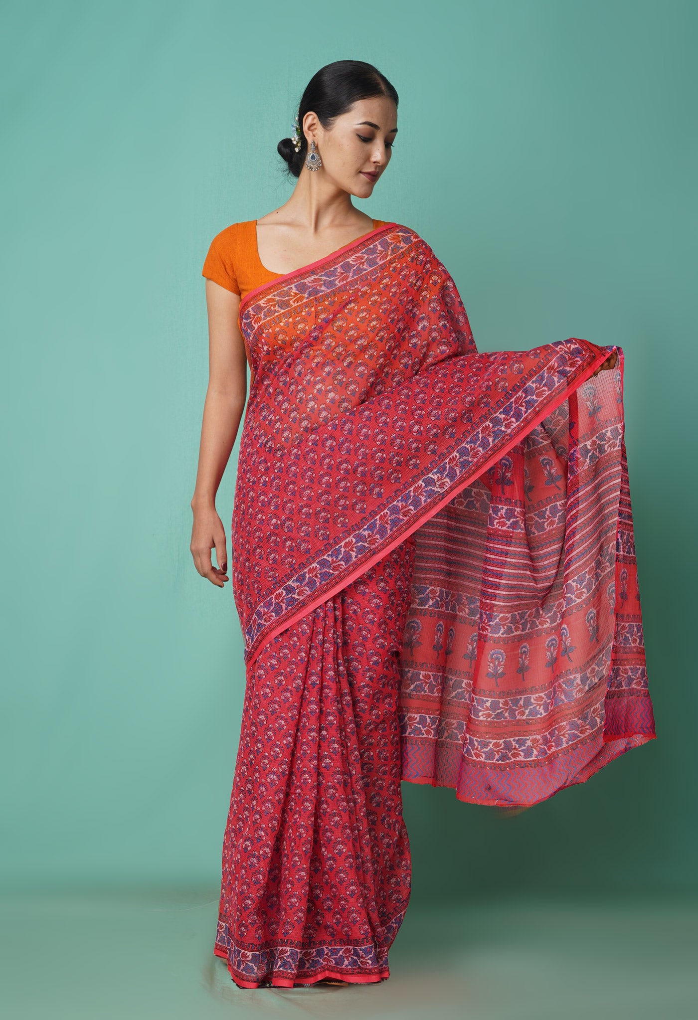 Red Pure Hand Block Printed Kota Saree-UNM81542