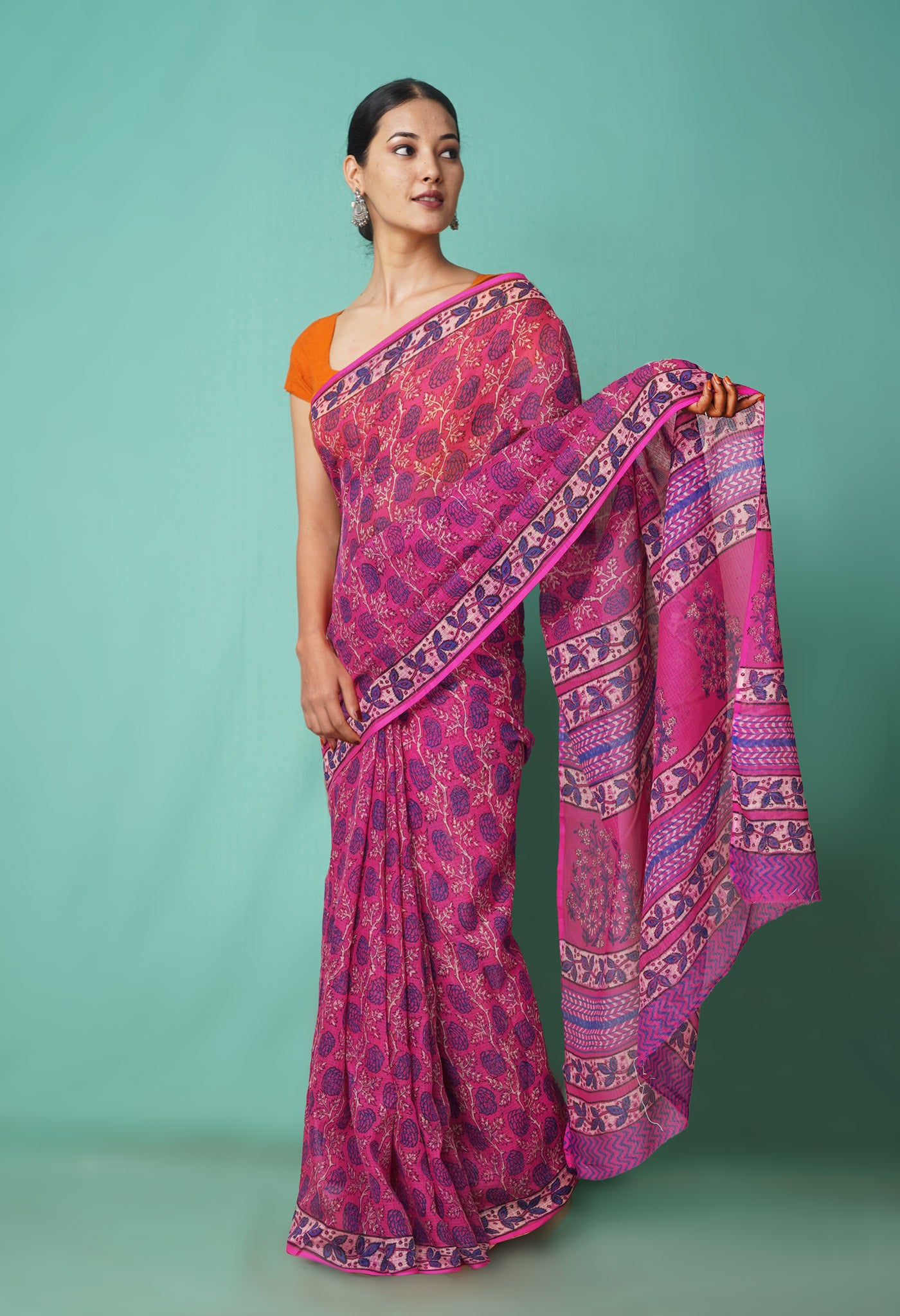 Pink Pure Hand Block Printed Kota Saree-UNM81543