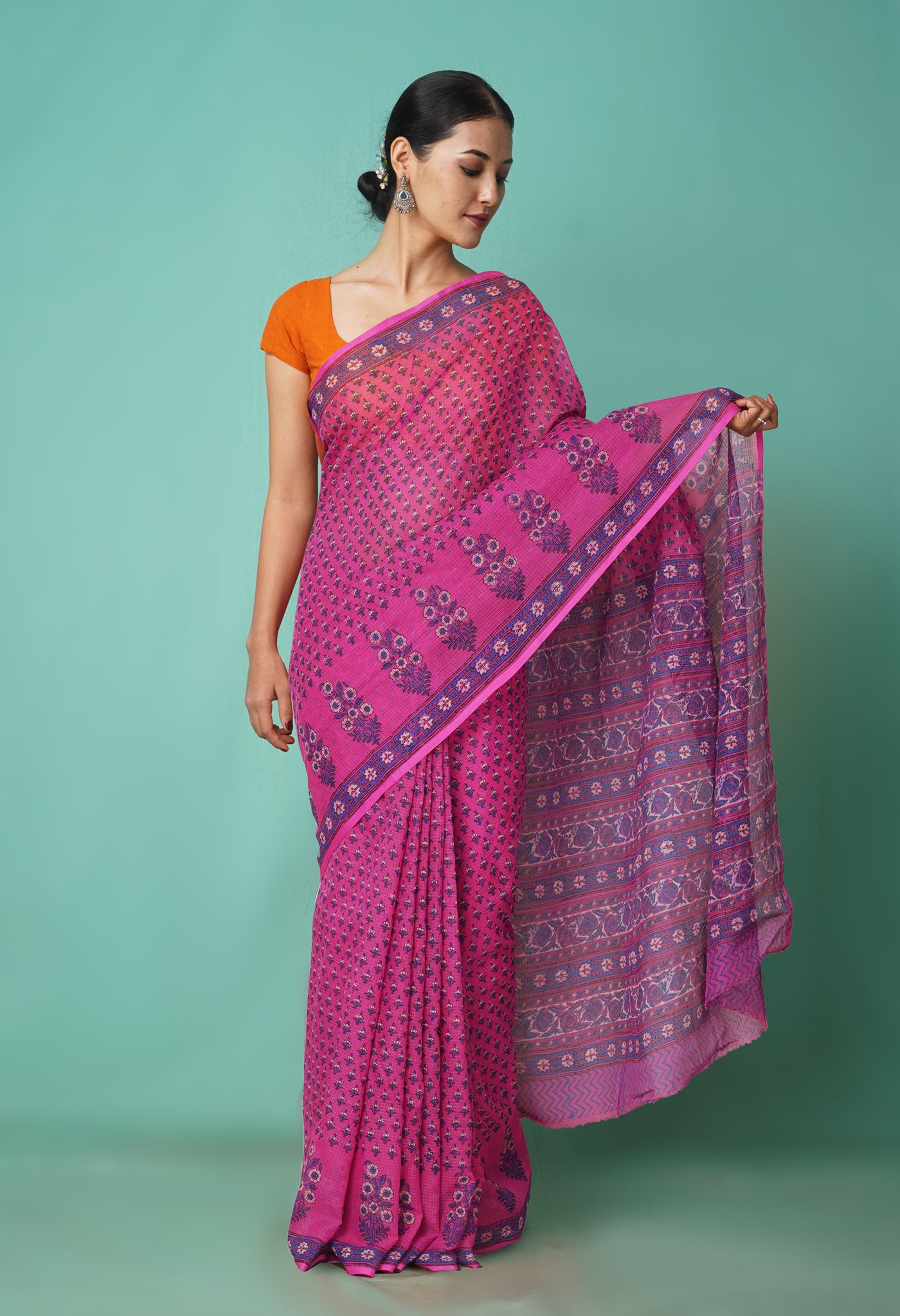 Pink Pure Hand Block Printed Kota Saree-UNM81546