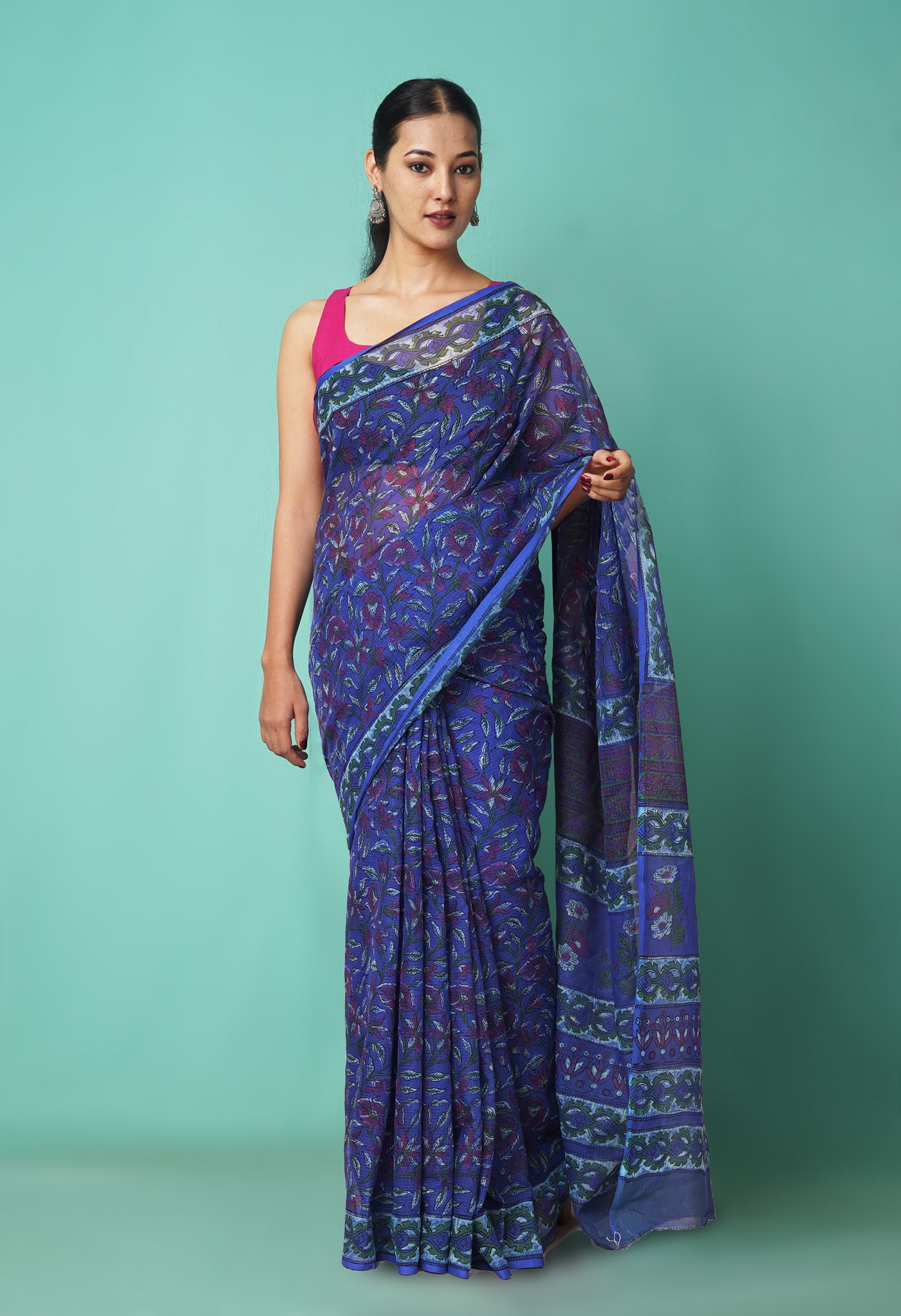 Blue Pure Hand Block Printed Kota Saree-UNM81547