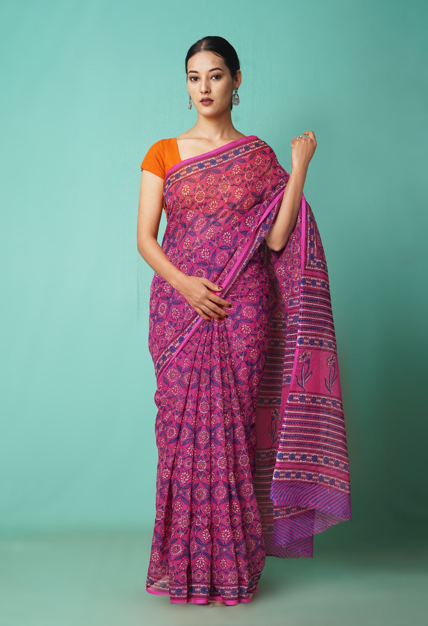 Pink Pure Hand Block Printed Kota Saree-UNM81548