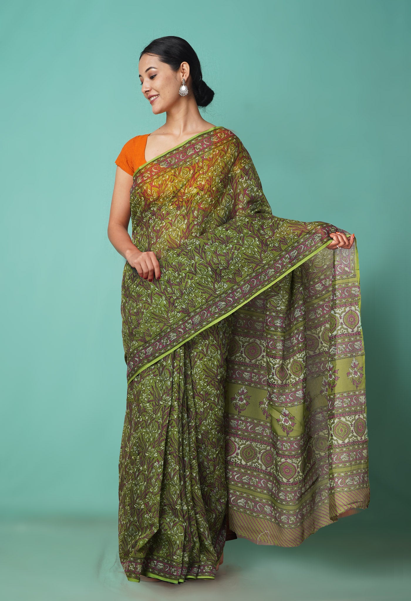 Green Pure Hand Block Printed Kota Saree-UNM81549