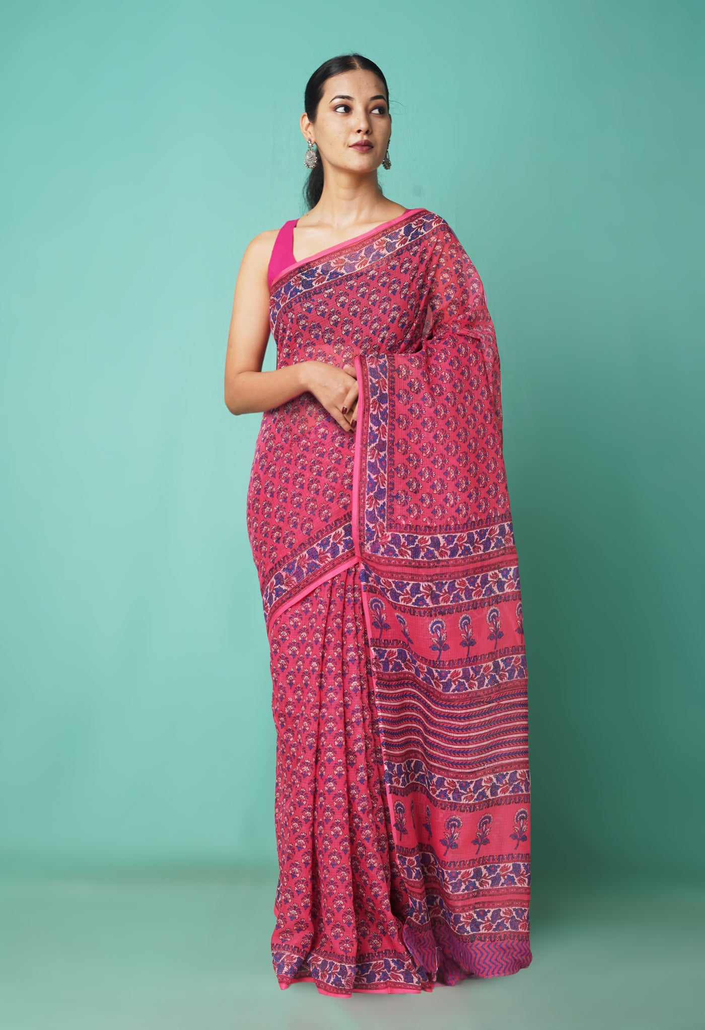 Pink Pure Hand Block Printed Kota Saree-UNM81550