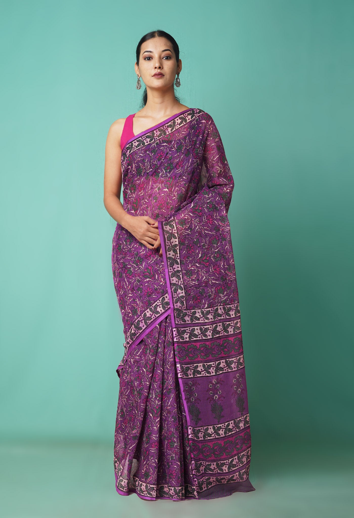 Purple Pure Hand Block Printed Kota Saree-UNM81551