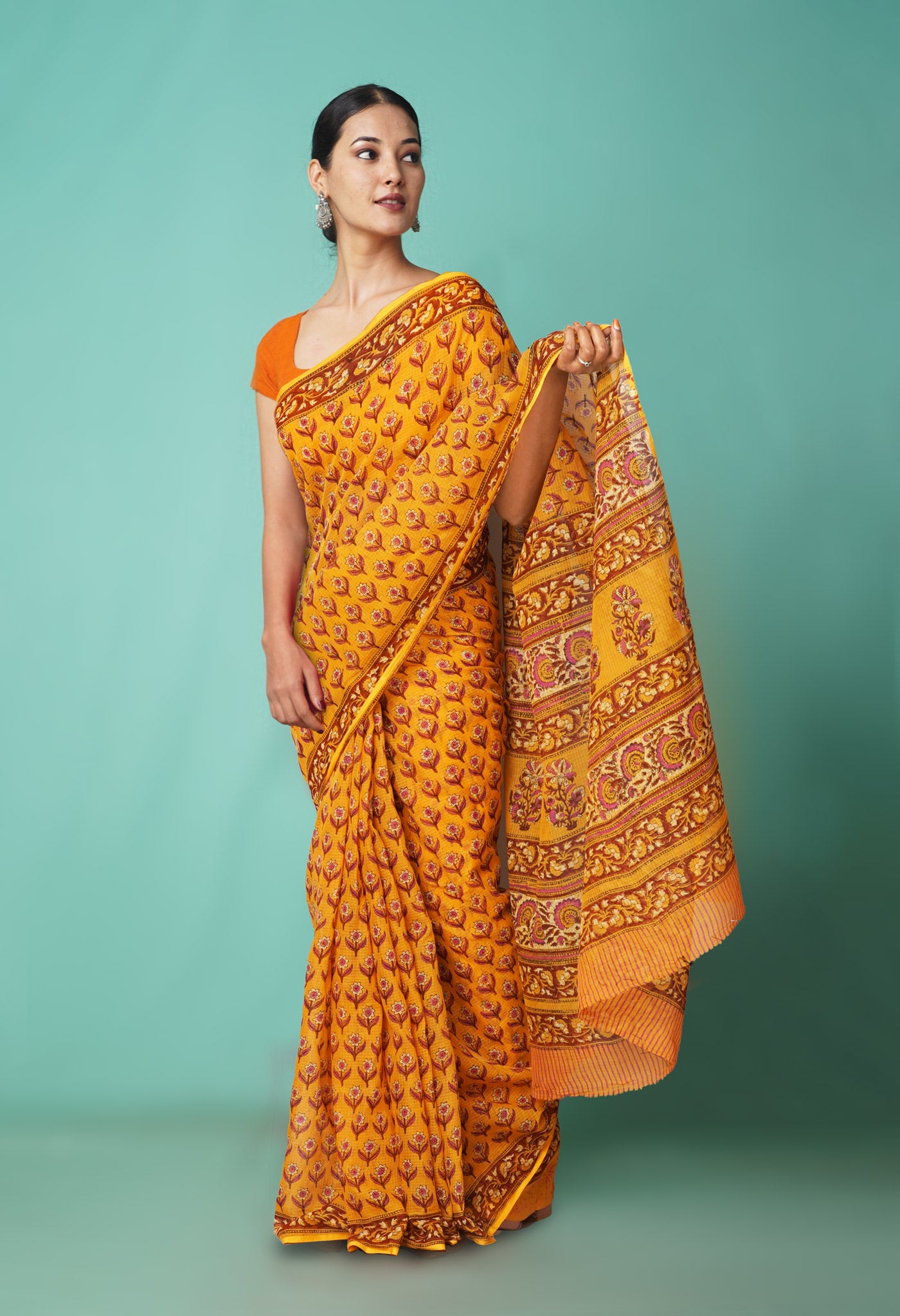 Yellow Pure Hand Block Printed Kota Saree-UNM81552