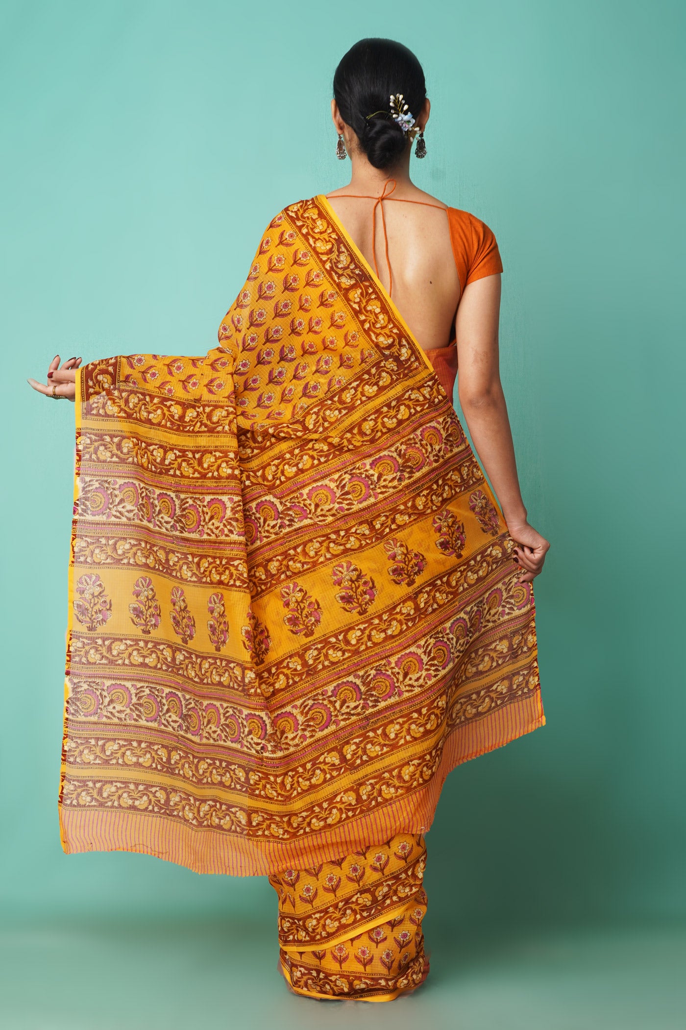 Yellow Pure Hand Block Printed Kota Saree-UNM81552