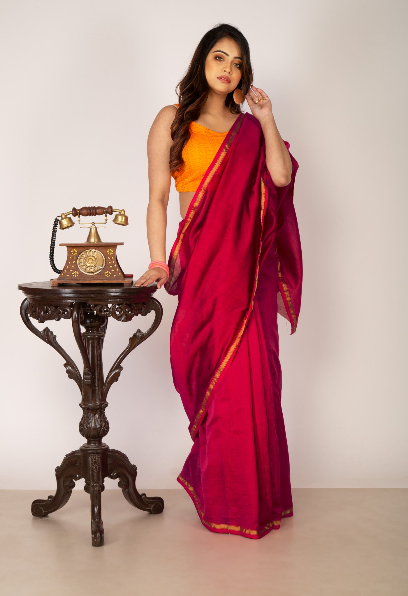 Maroon Pure Plain Chanderi Sico Saree With Kalamkari Blouse Piece-UNM81553