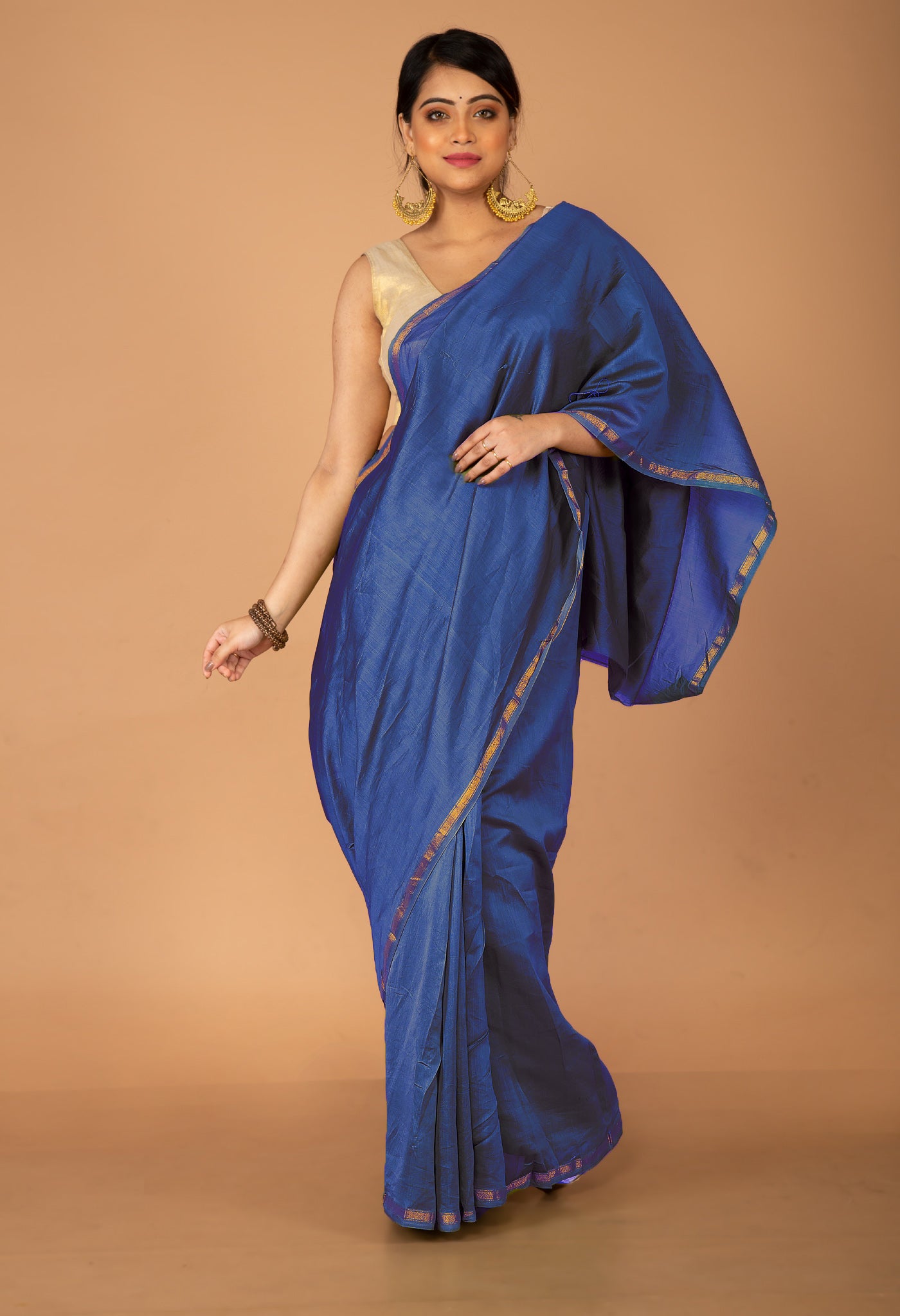 Navy Blue Pure Plain Chanderi Sico Saree With Kalamkari Blouse Piece-UNM81554