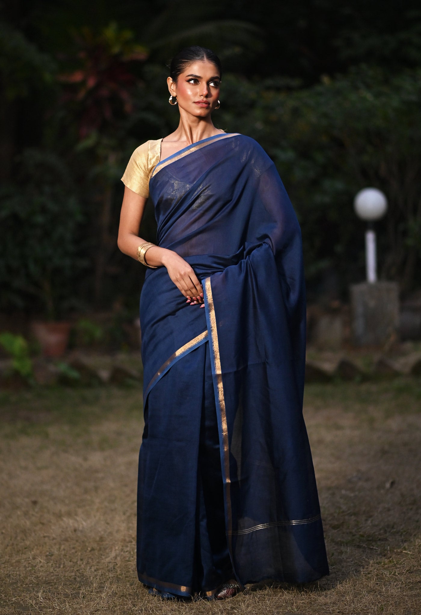 Navy Blue Pure Plain Chanderi Sico Saree With Kalamkari Blouse Piece-UNM81554