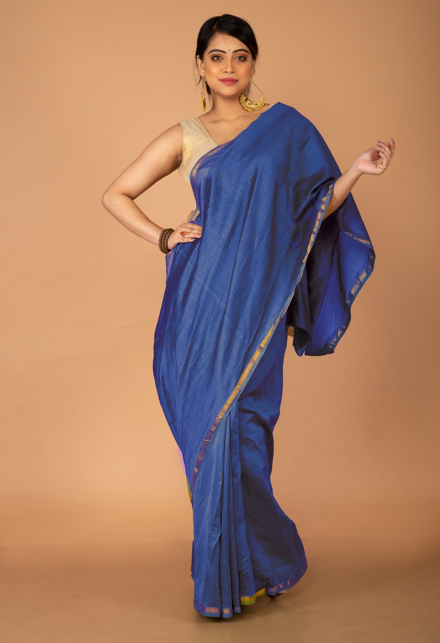 Navy Blue Pure Plain Chanderi Sico Saree With Kalamkari Blouse Piece-UNM81554