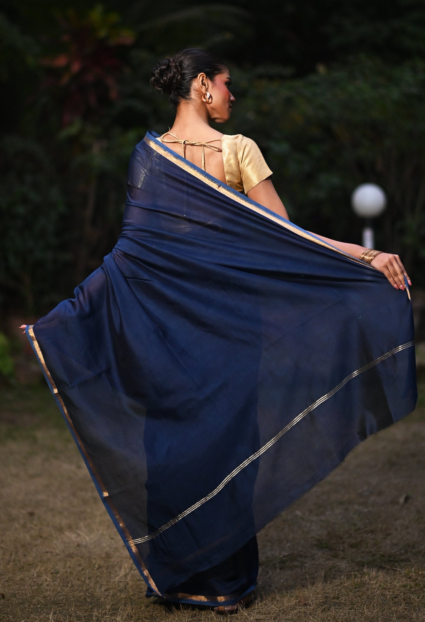 Navy Blue Pure Plain Chanderi Sico Saree With Kalamkari Blouse Piece-UNM81554