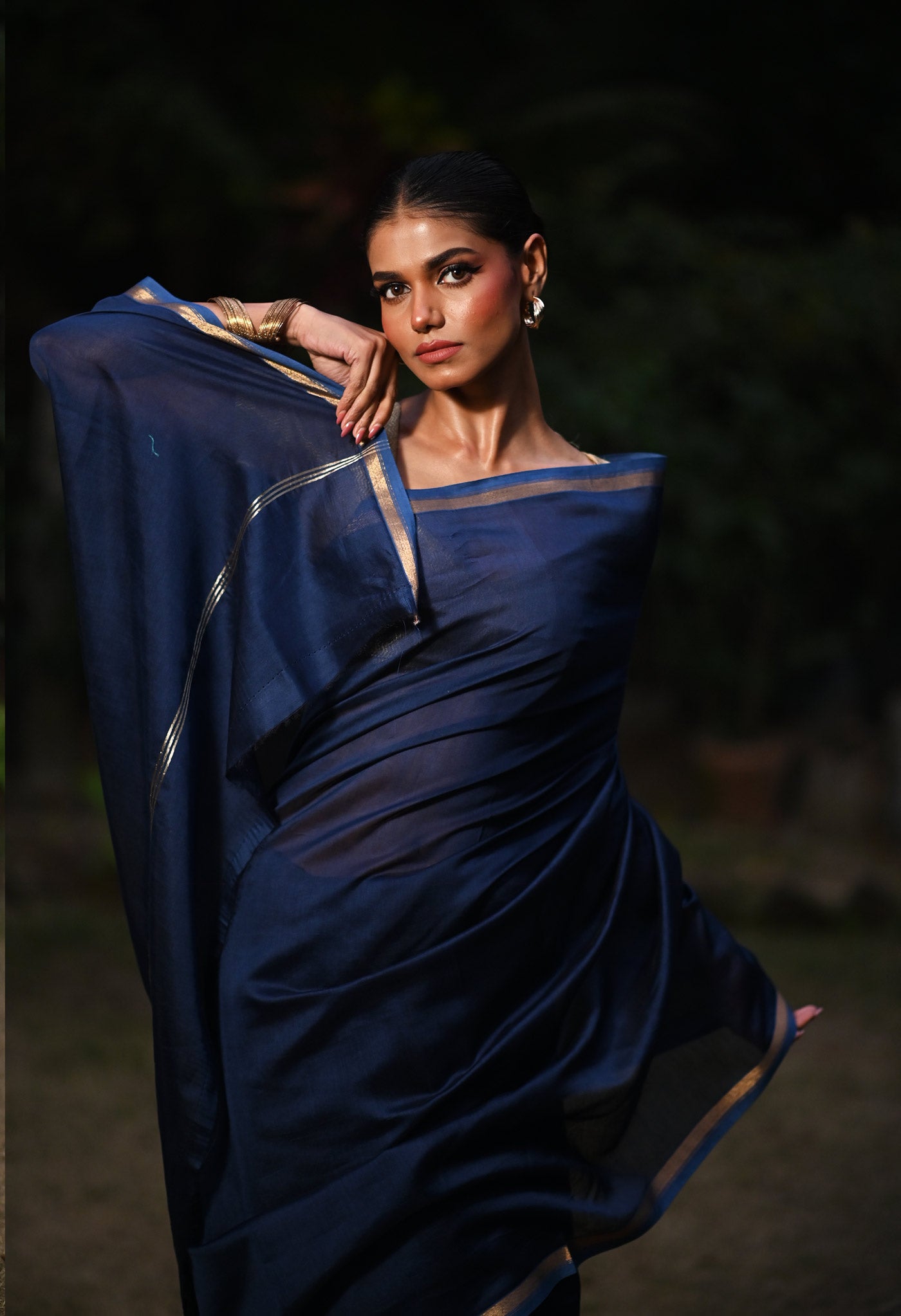 Navy Blue Pure Plain Chanderi Sico Saree With Kalamkari Blouse Piece-UNM81554