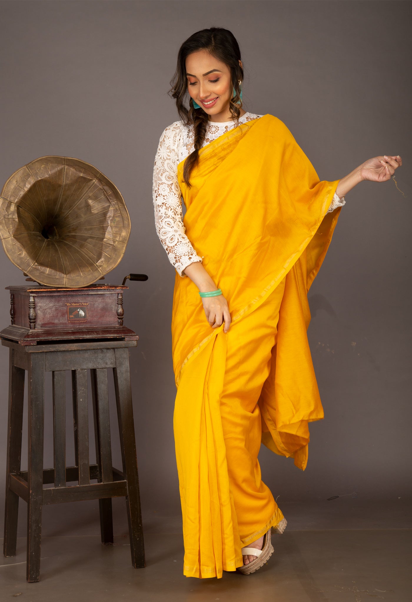 Yellow Pure Plain Chanderi Sico Saree With Kalamkari Blouse Piece-UNM81555