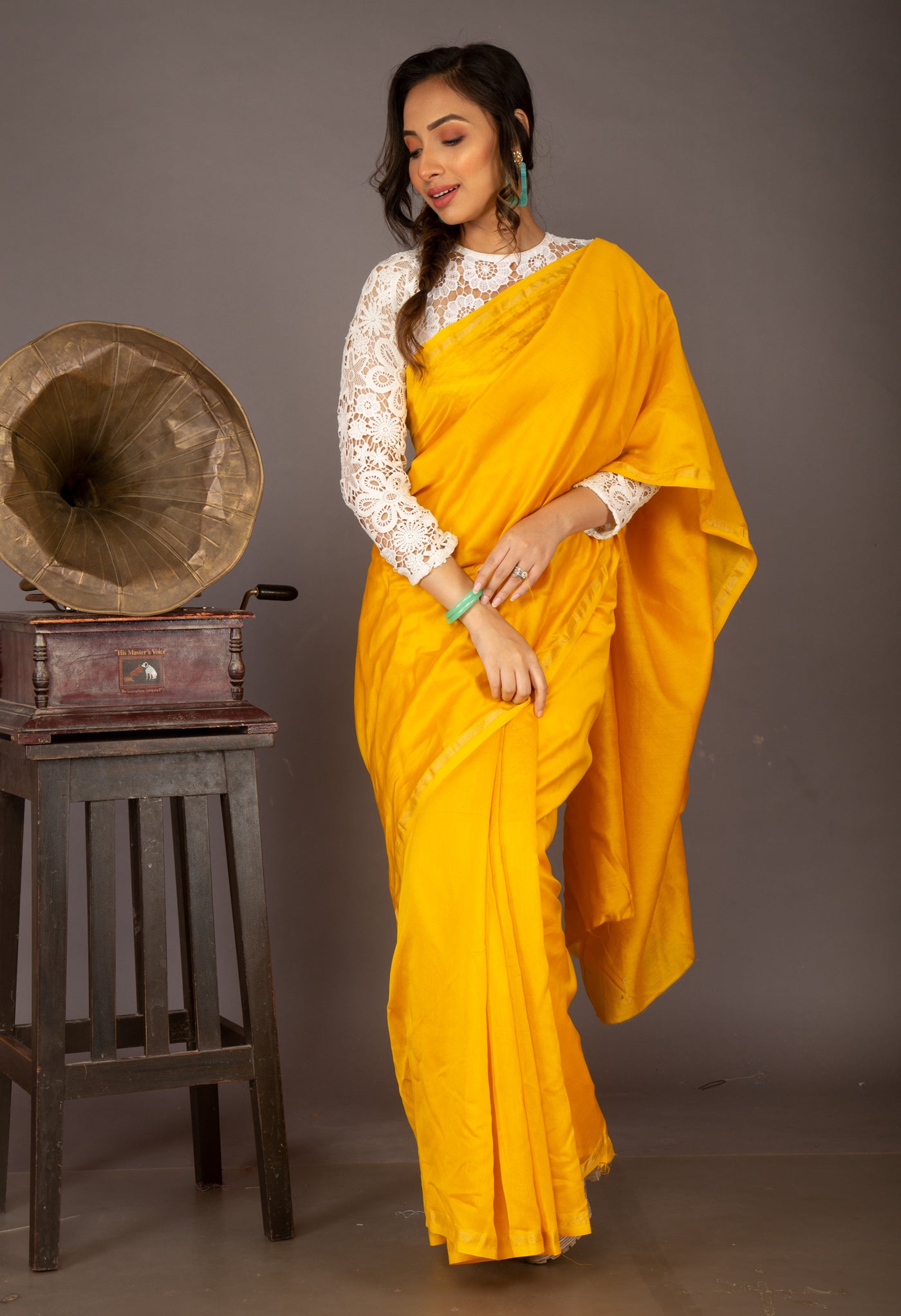 Yellow Pure Plain Chanderi Sico Saree With Kalamkari Blouse Piece-UNM81555