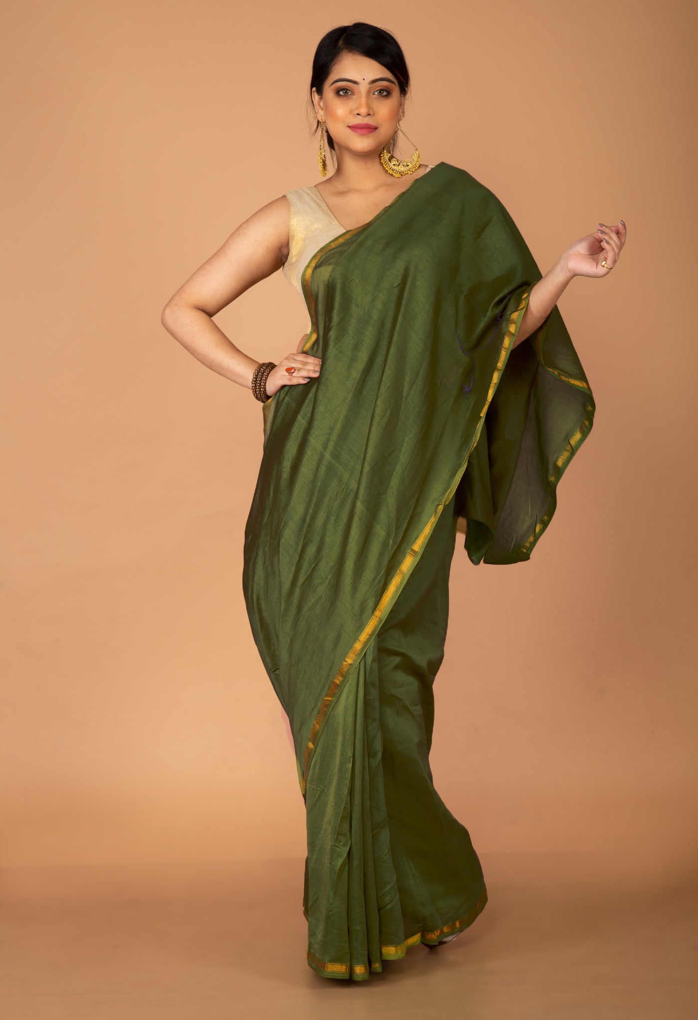 Green Pure Plain Chanderi Sico Saree With Kalamkari Blouse Piece-UNM81556