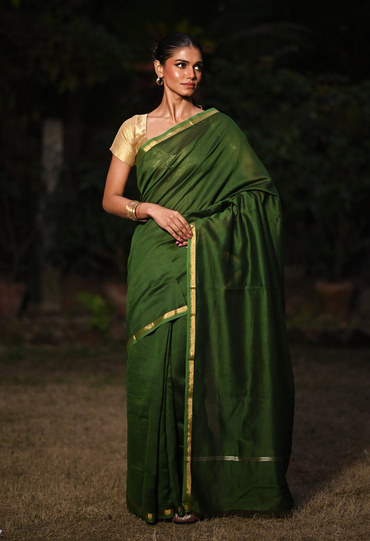 Green Pure Plain Chanderi Sico Saree With Kalamkari Blouse Piece-UNM81556