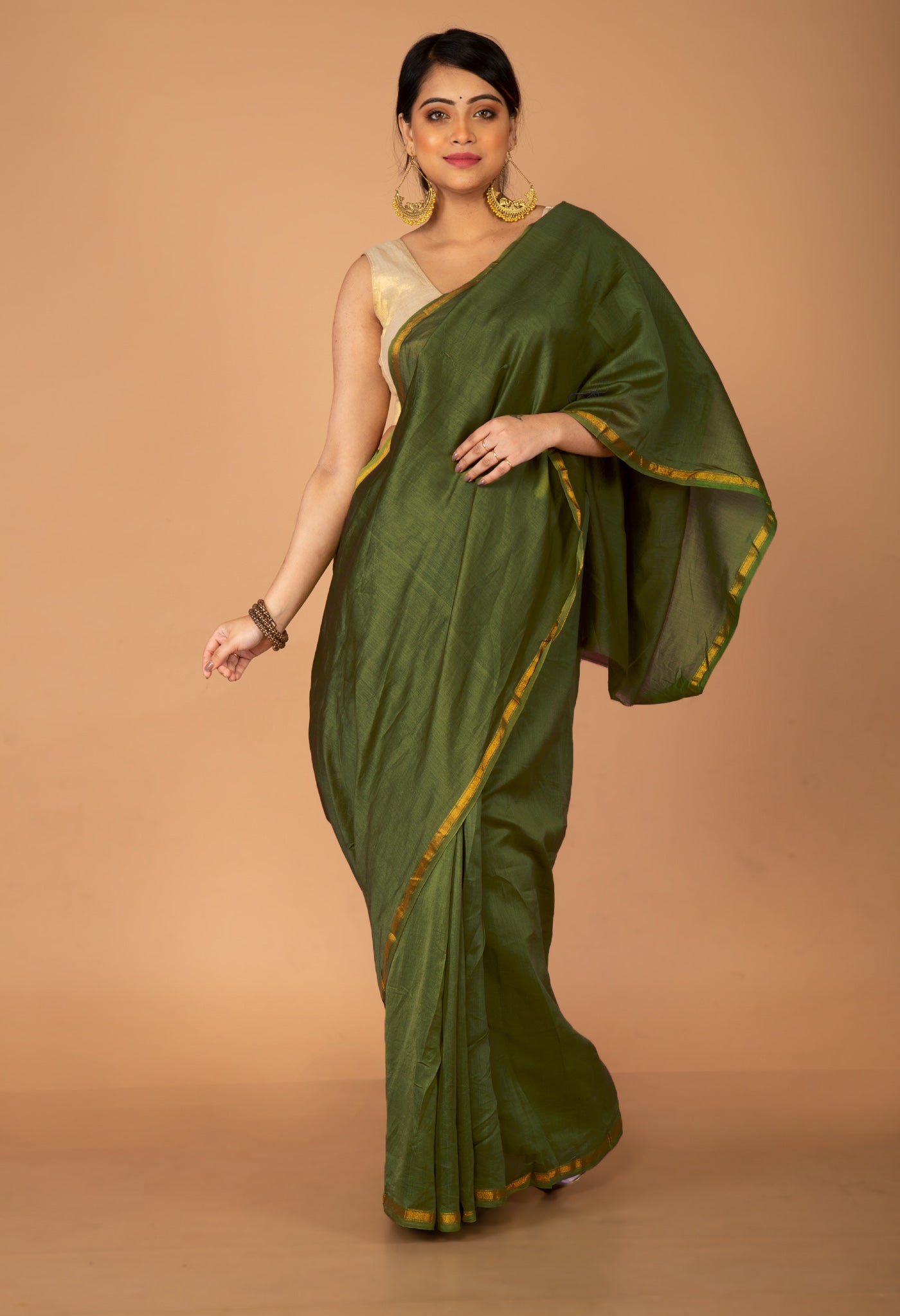 Green Pure Plain Chanderi Sico Saree With Kalamkari Blouse Piece-UNM81556