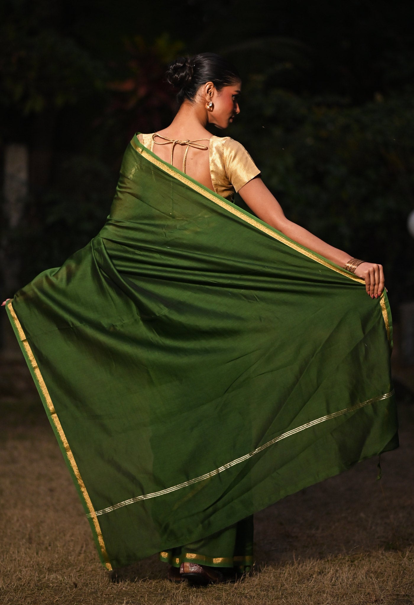 Green Pure Plain Chanderi Sico Saree With Kalamkari Blouse Piece-UNM81556