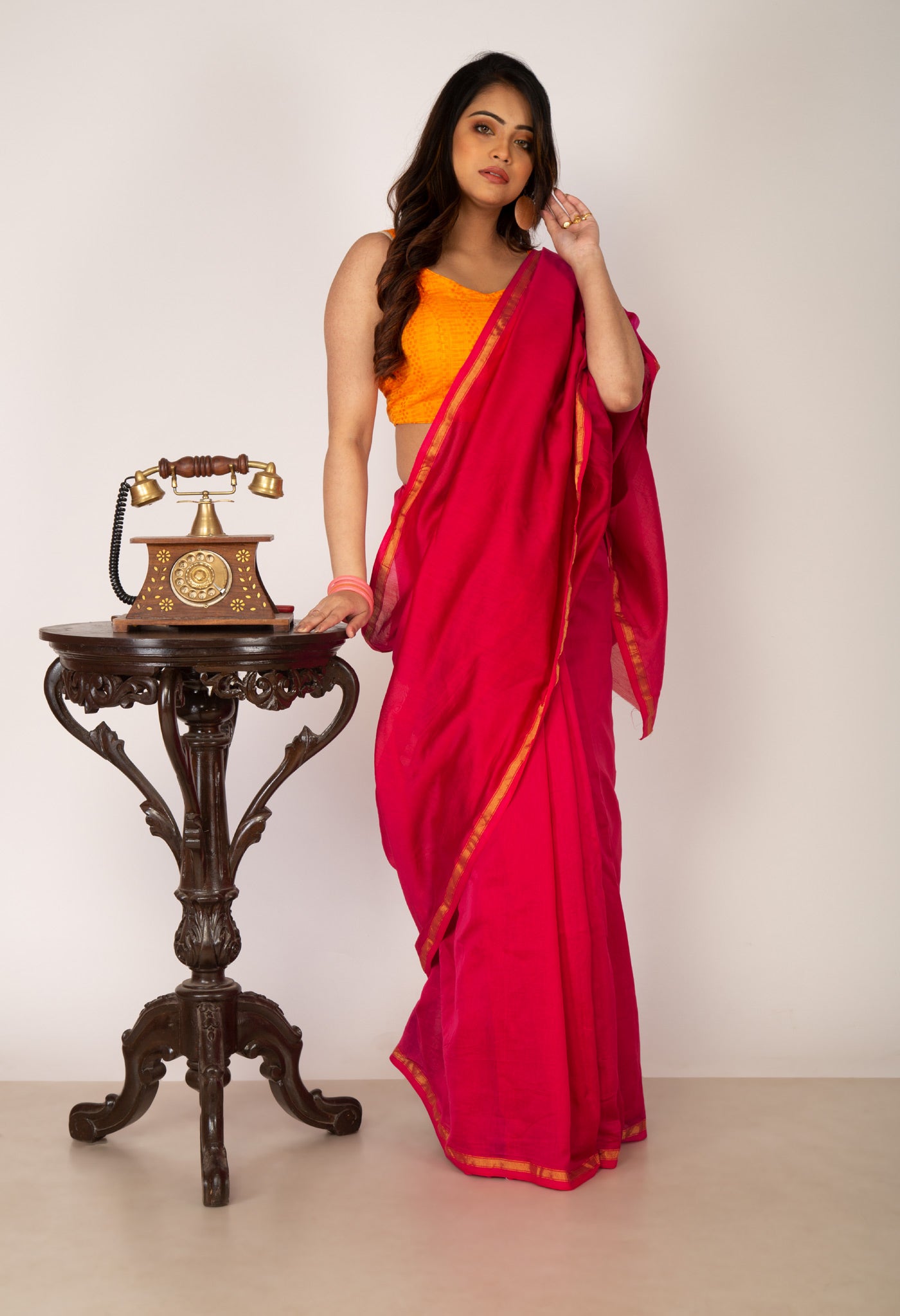 Red Pure Plain Chanderi Sico Saree With Kalamkari Blouse Piece-UNM81557