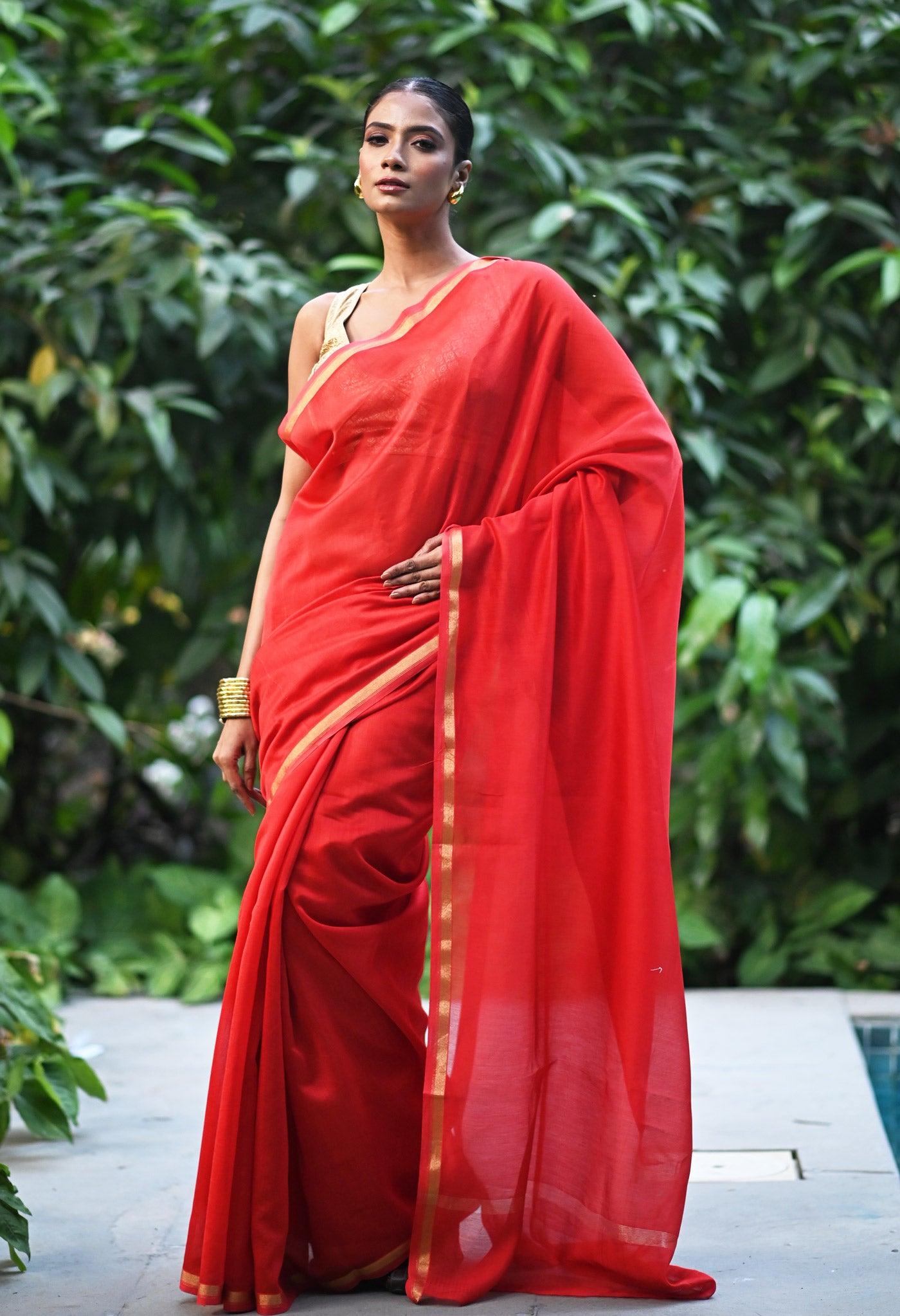 Red Pure Plain Chanderi Sico Saree With Kalamkari Blouse Piece-UNM81557