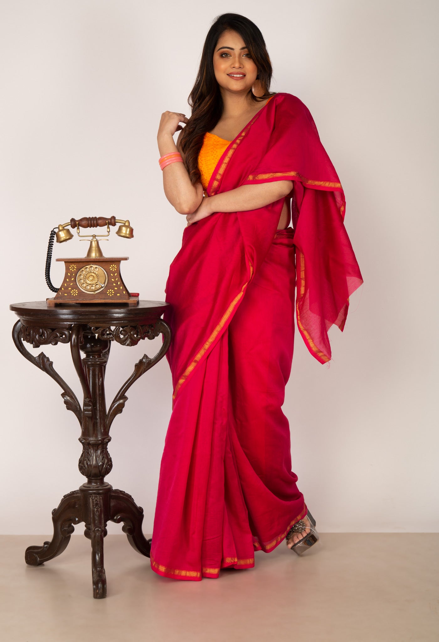 Red Pure Plain Chanderi Sico Saree With Kalamkari Blouse Piece-UNM81557