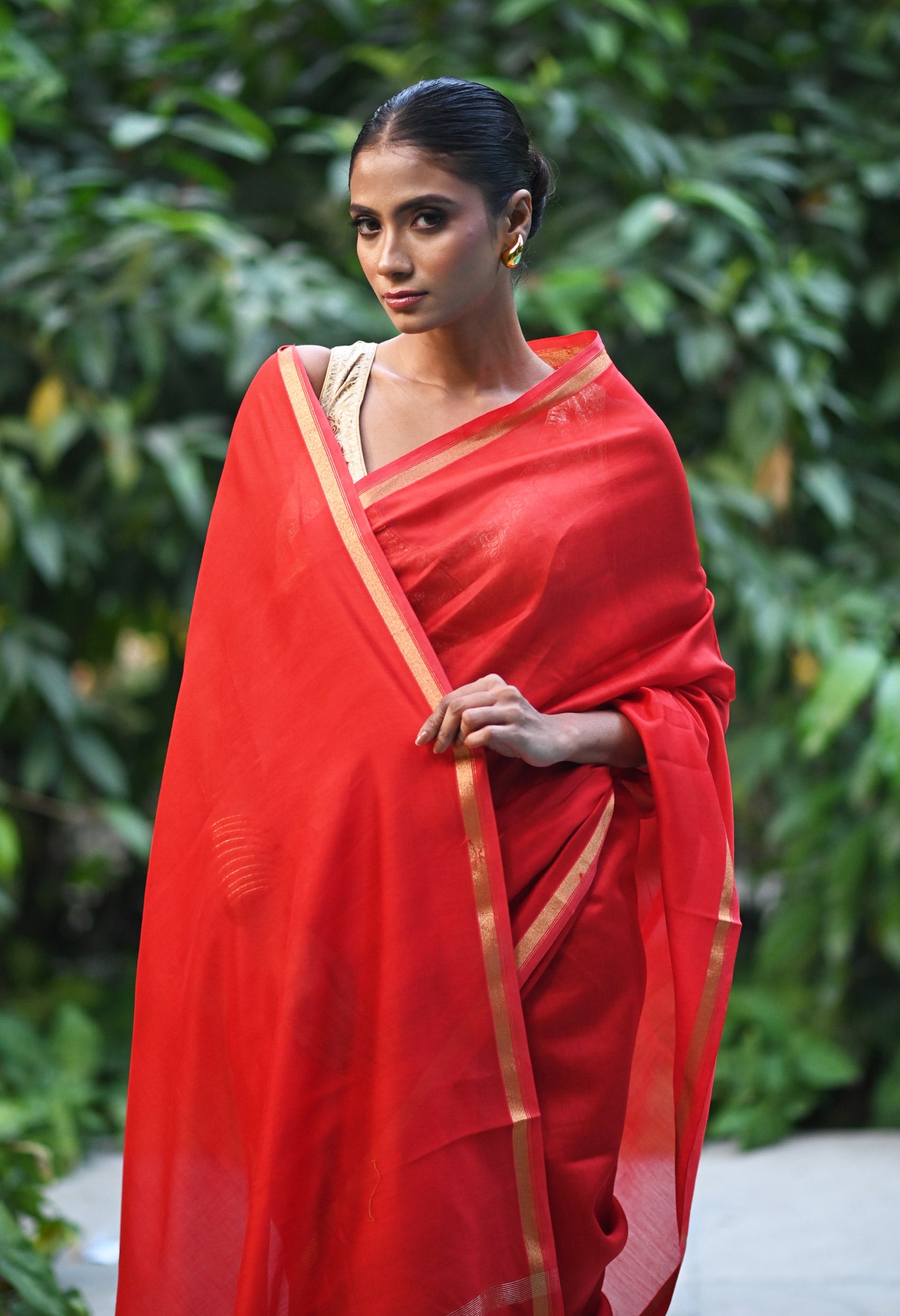 Red Pure Plain Chanderi Sico Saree With Kalamkari Blouse Piece-UNM81557