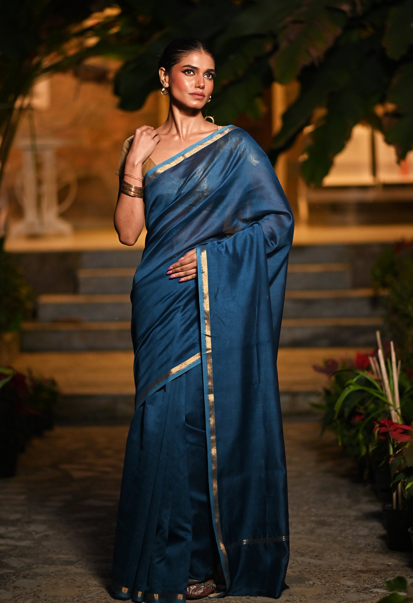 Blue Pure Plain Chanderi Sico Saree With Kalamkari Blouse Piece-UNM81558