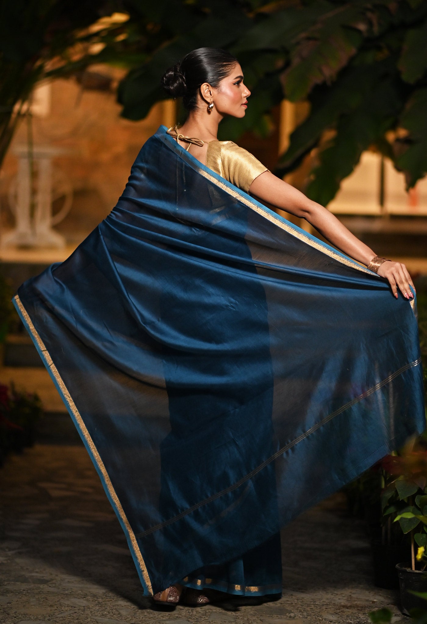 Blue Pure Plain Chanderi Sico Saree With Kalamkari Blouse Piece-UNM81558