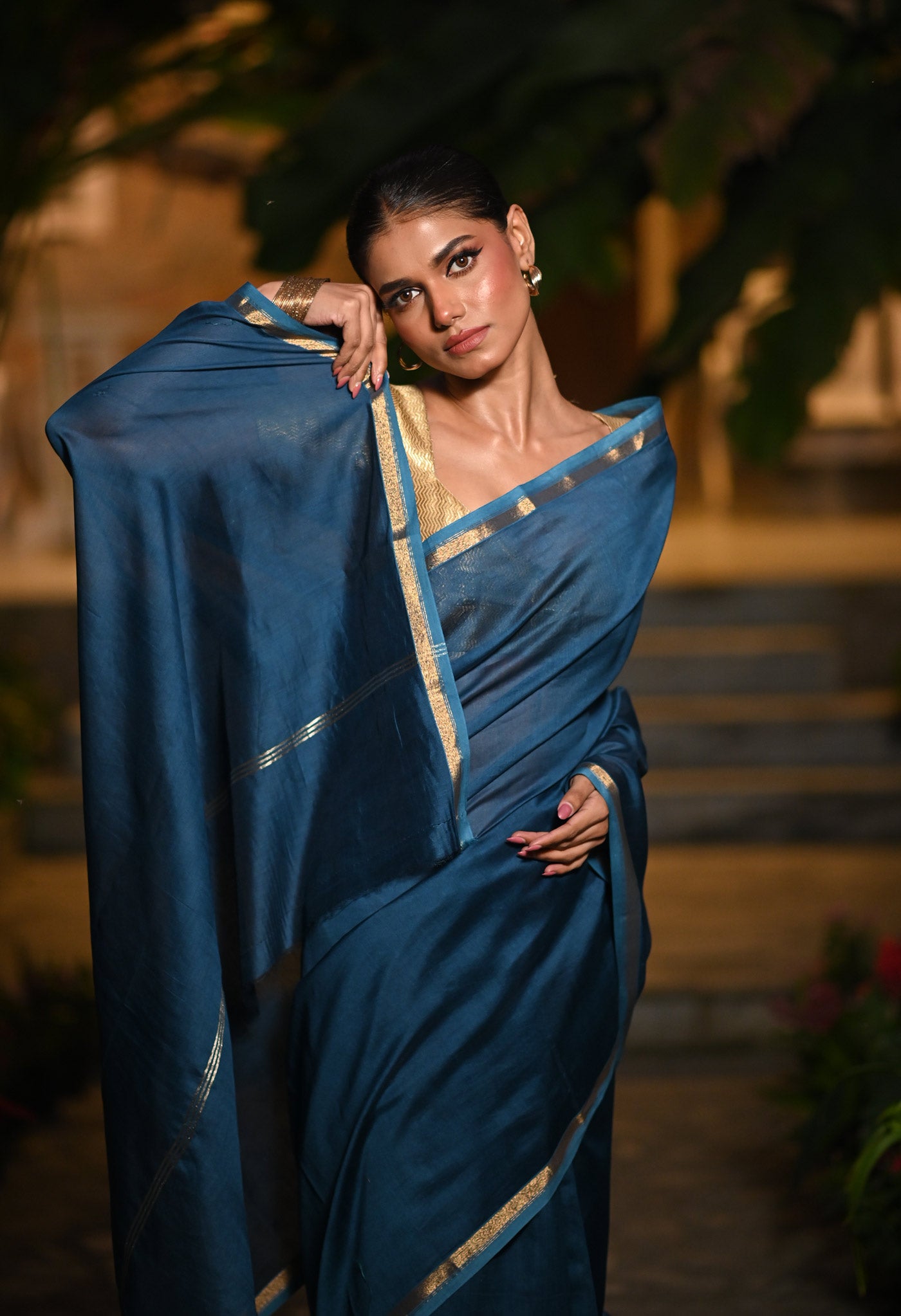 Blue Pure Plain Chanderi Sico Saree With Kalamkari Blouse Piece-UNM81558