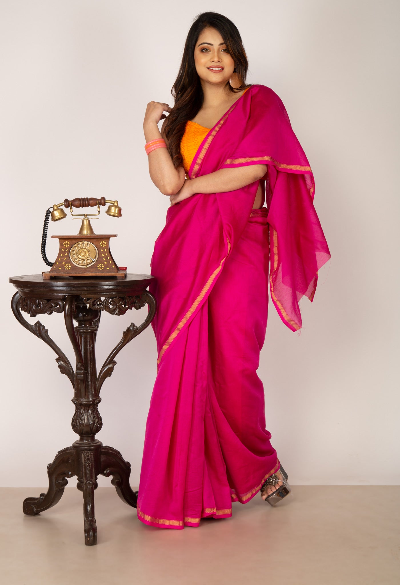 Pink Pure Plain Chanderi Sico Saree With Kalamkari Blouse Piece-UNM81559