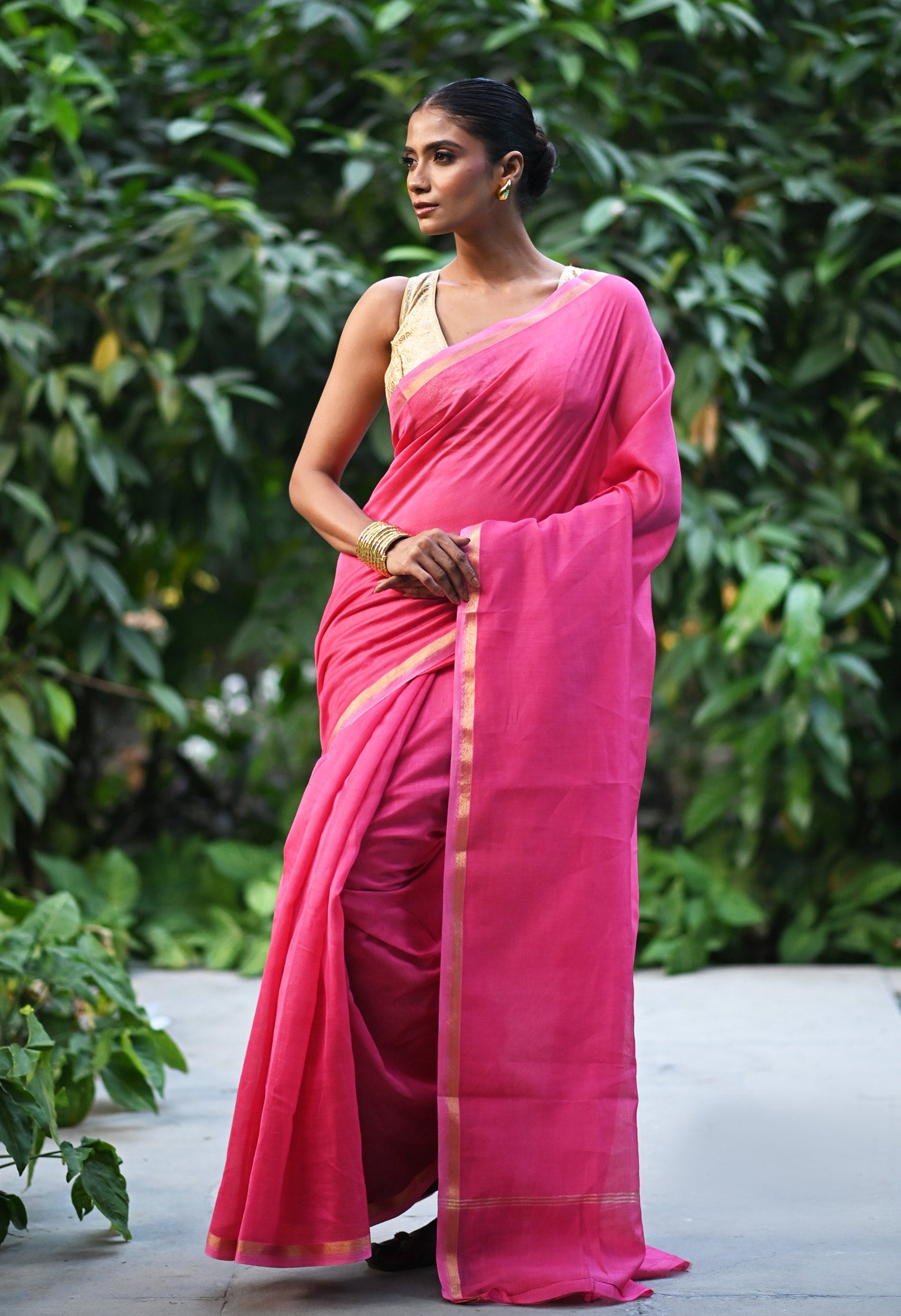 Pink Pure Plain Chanderi Sico Saree With Kalamkari Blouse Piece-UNM81559