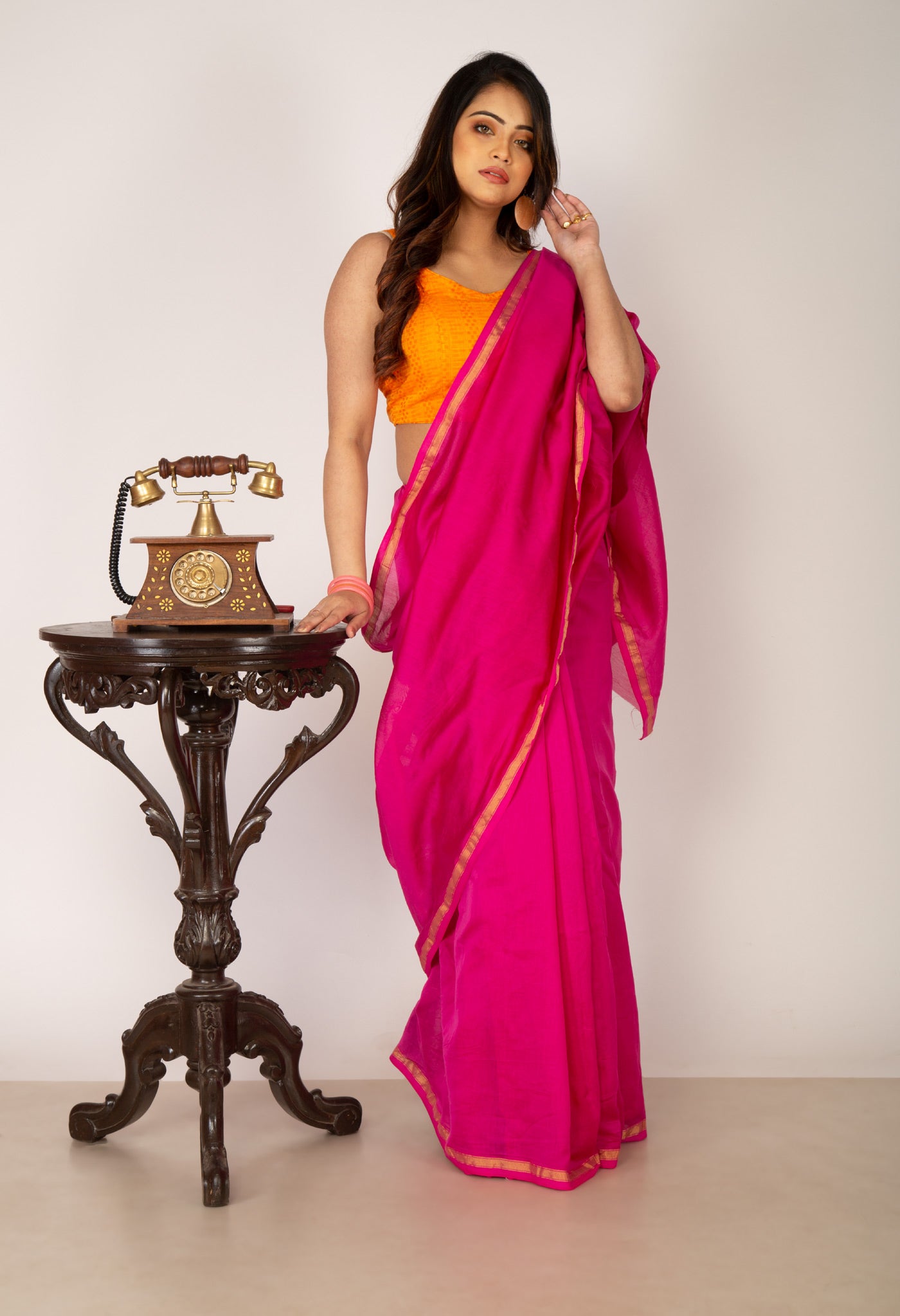 Pink Pure Plain Chanderi Sico Saree With Kalamkari Blouse Piece-UNM81559