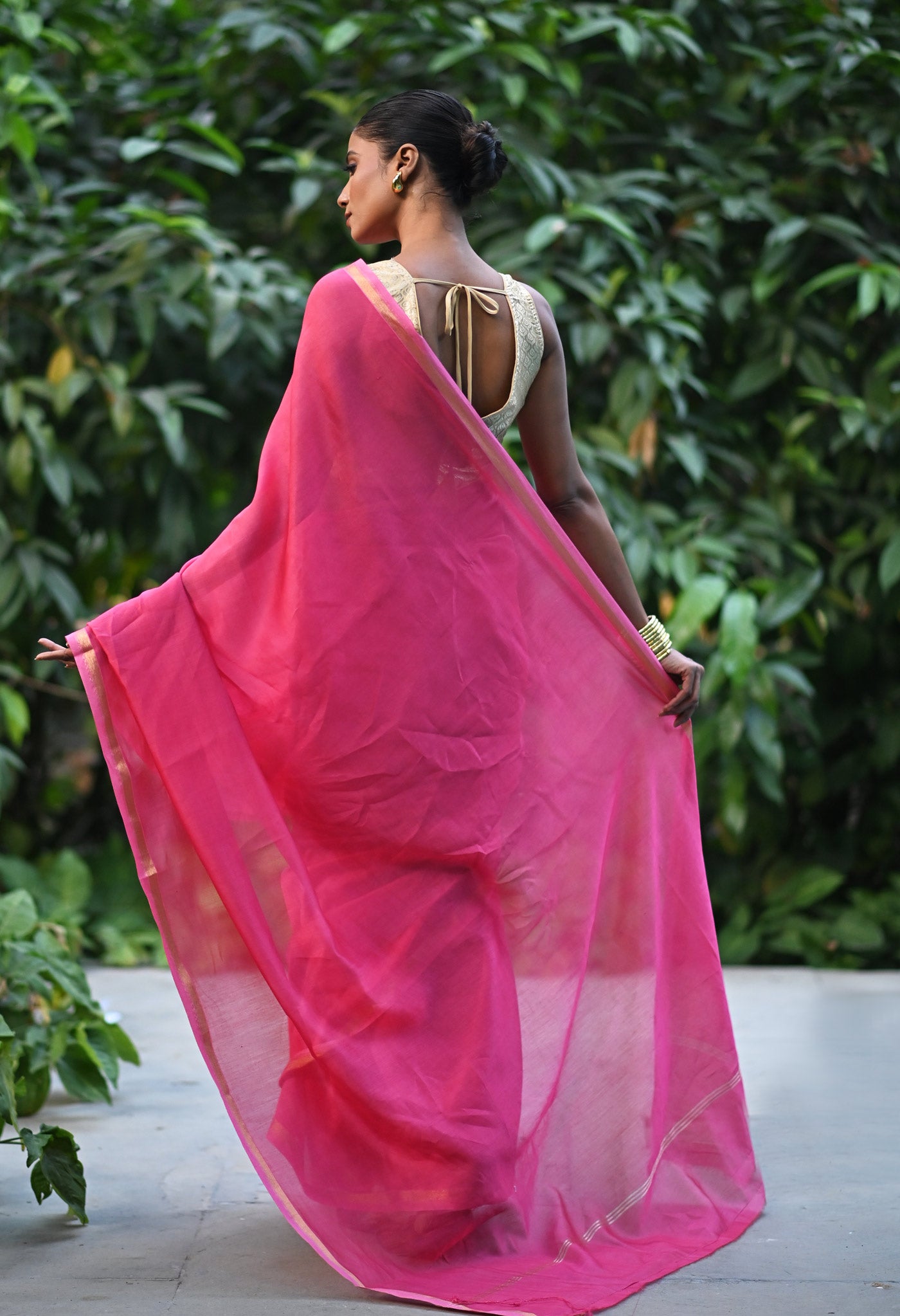 Pink Pure Plain Chanderi Sico Saree With Kalamkari Blouse Piece-UNM81559