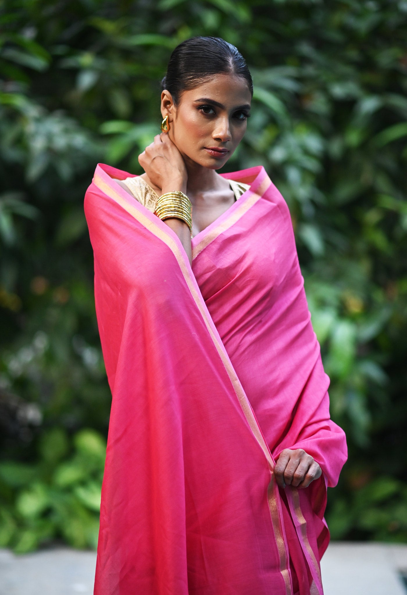 Pink Pure Plain Chanderi Sico Saree With Kalamkari Blouse Piece-UNM81559