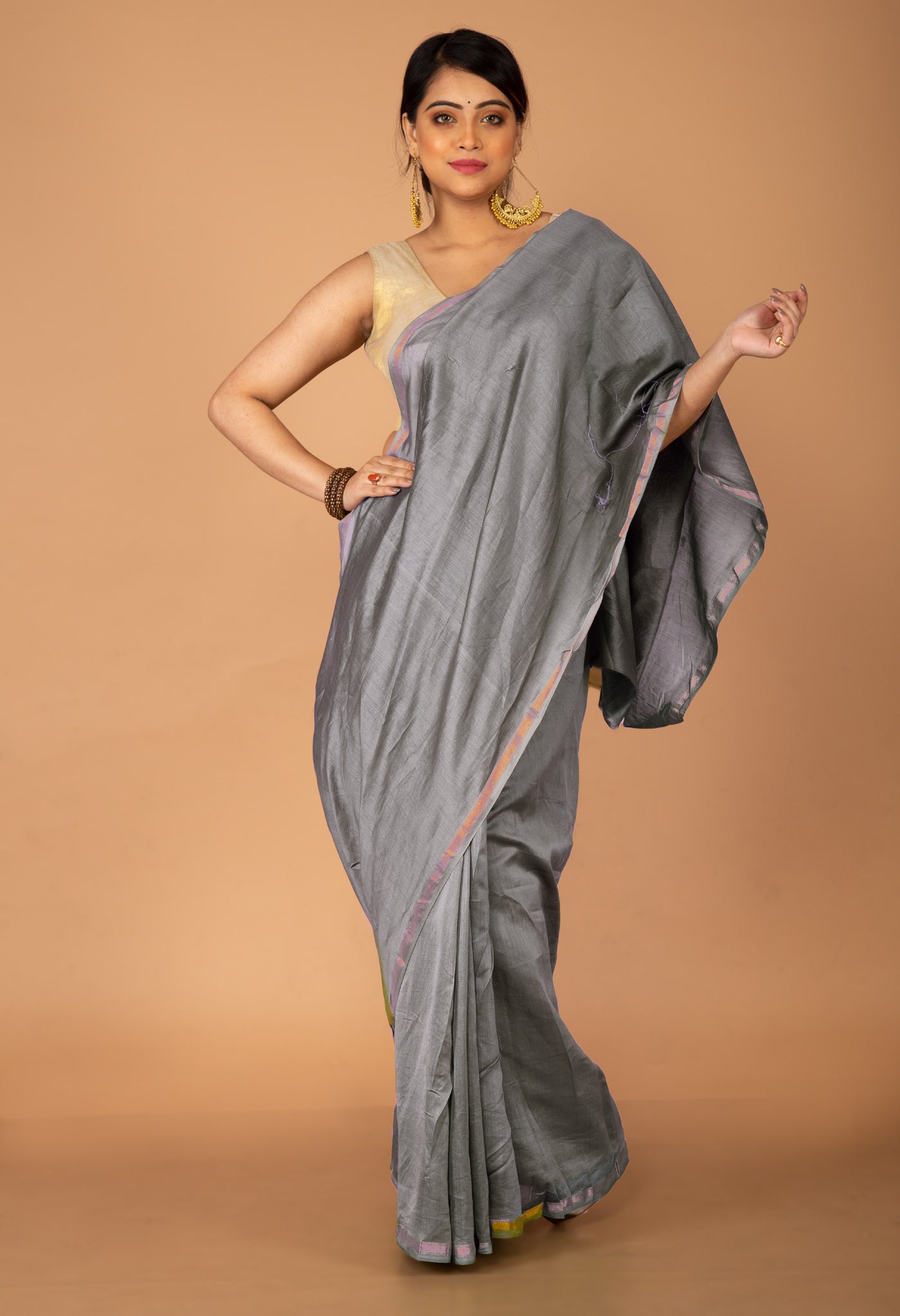 Grey Pure Plain Chanderi Sico Saree With Kalamkari Blouse Piece-UNM81560