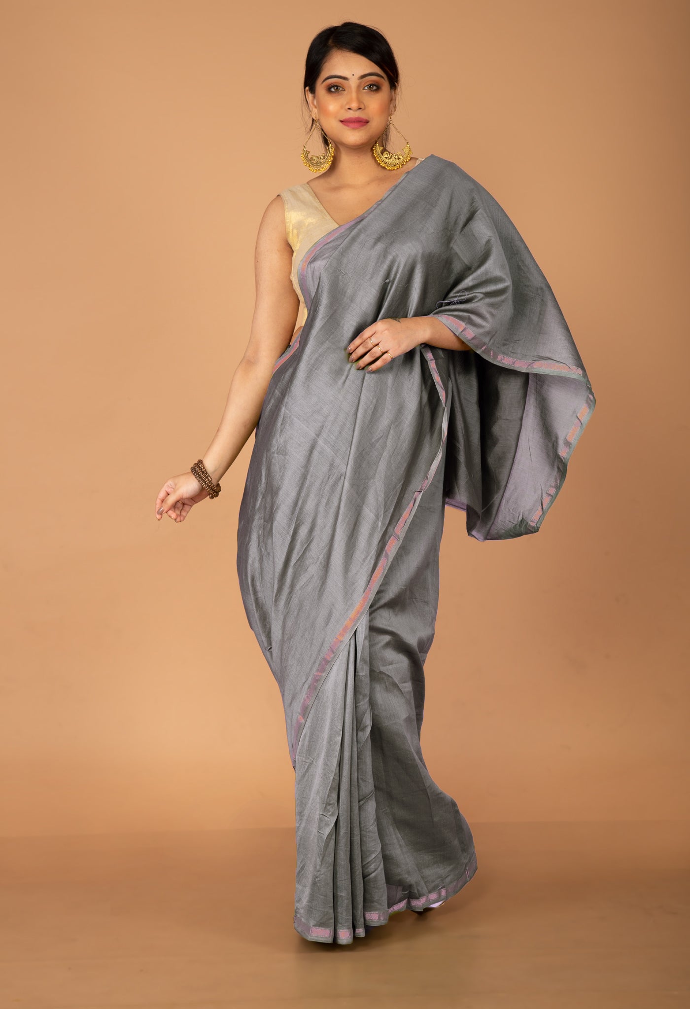 Grey Pure Plain Chanderi Sico Saree With Kalamkari Blouse Piece-UNM81560