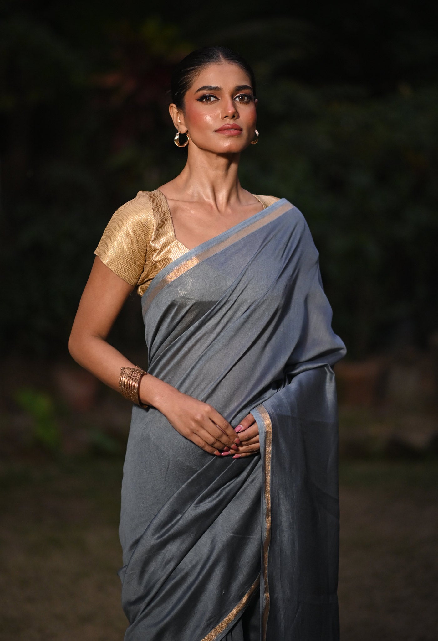 Grey Pure Plain Chanderi Sico Saree With Kalamkari Blouse Piece-UNM81560