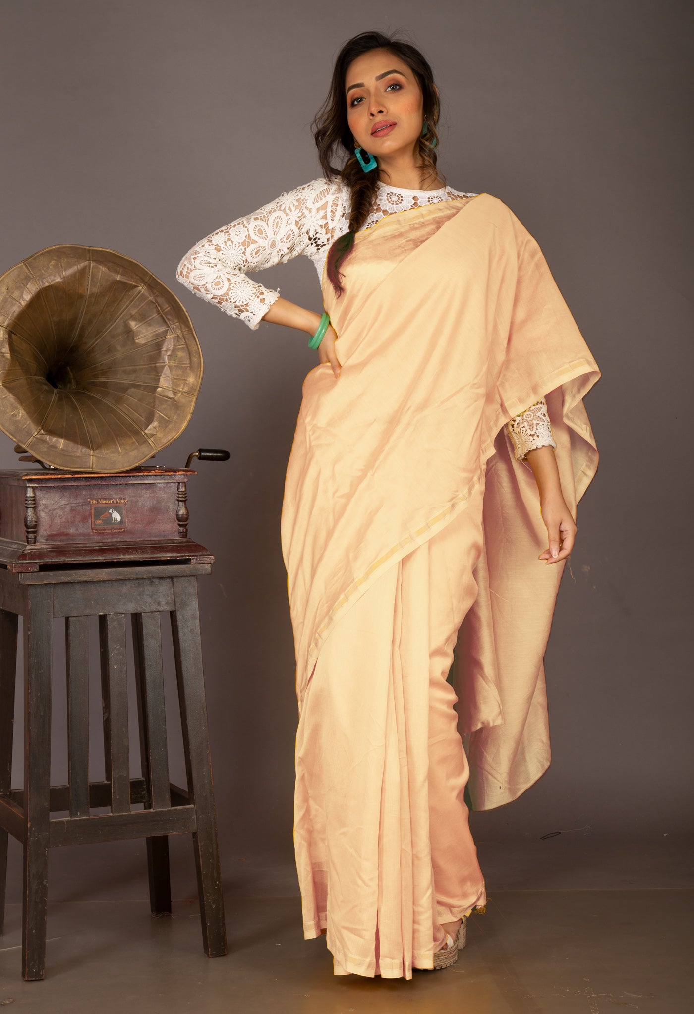 Cream Pure Plain Chanderi Sico Saree With Kalamkari Blouse Piece-UNM81561