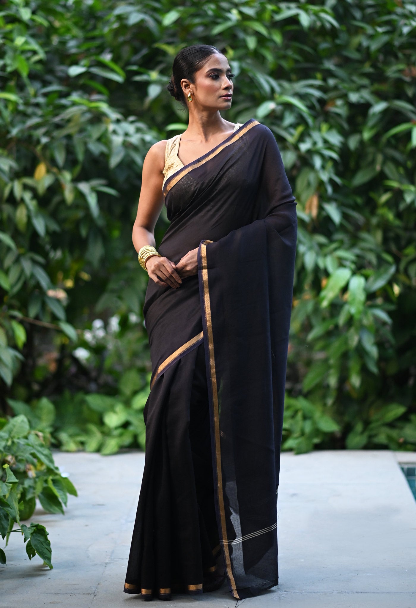 Black Pure Plain Chanderi Sico Saree With Kalamkari Blouse Piece-UNM81562