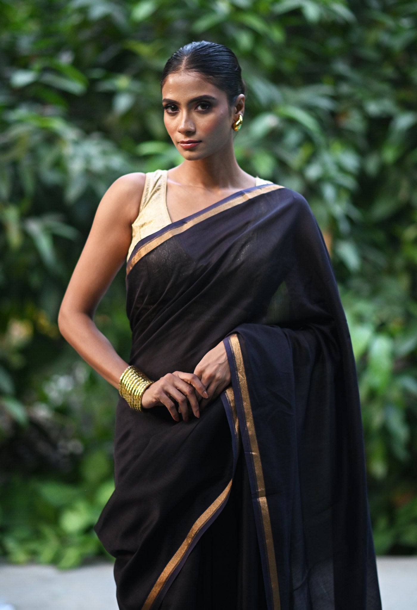 Black Pure Plain Chanderi Sico Saree With Kalamkari Blouse Piece-UNM81562