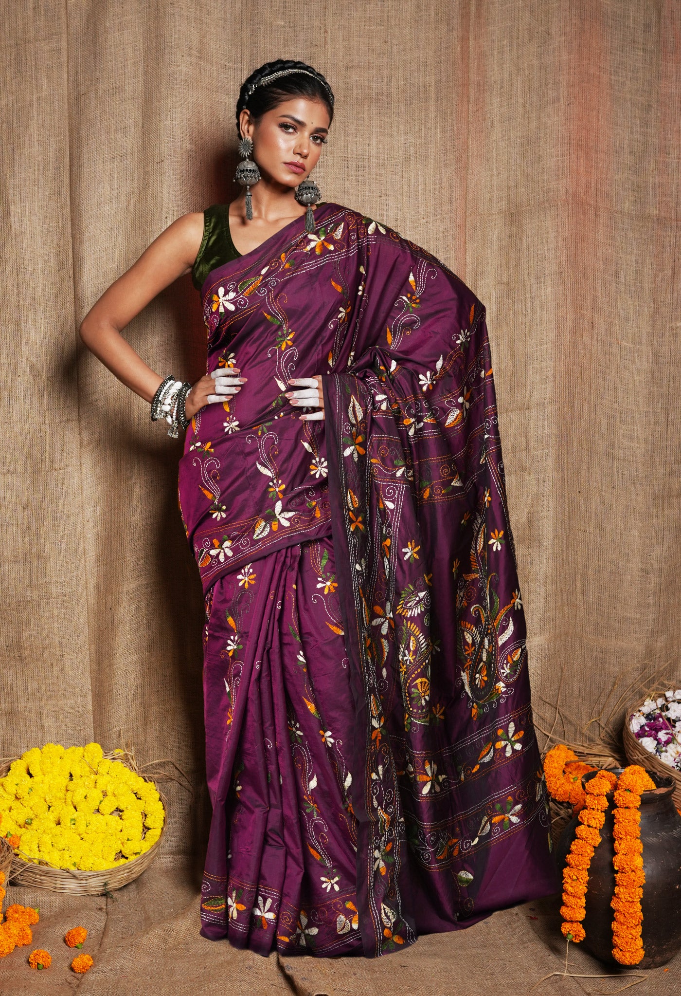 Purple Pure  Kantha Work Soft Silk Saree-UNM81579