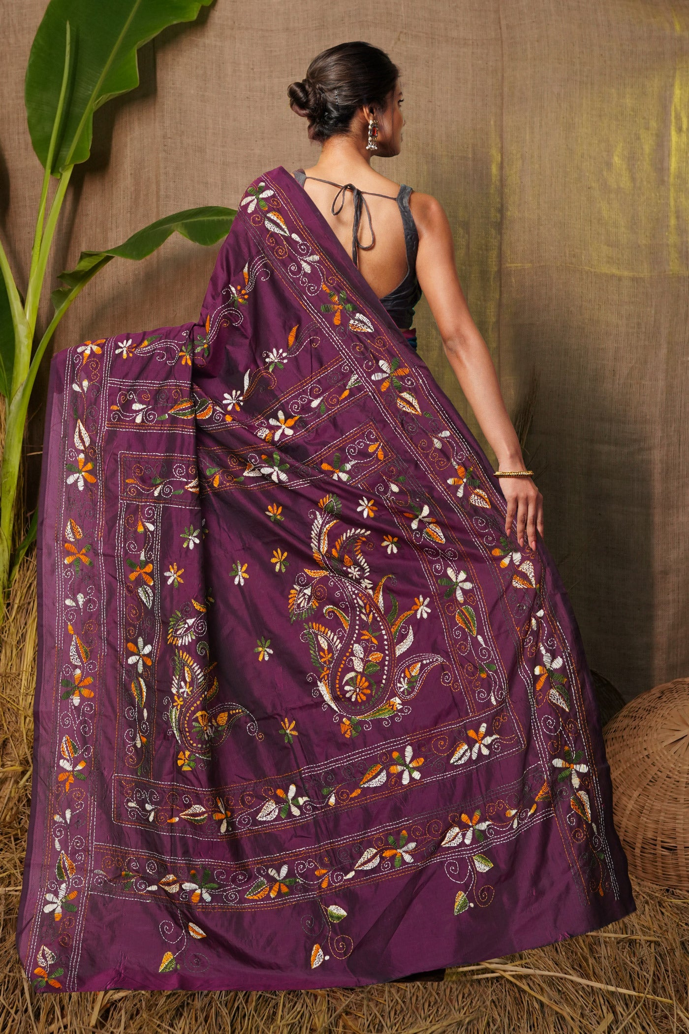 Purple Pure  Kantha Work Soft Silk Saree-UNM81579