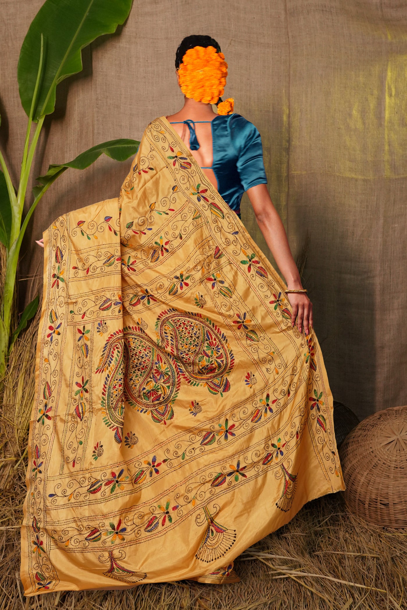 Cream Pure  Kantha Work Soft Silk Saree-UNM81580